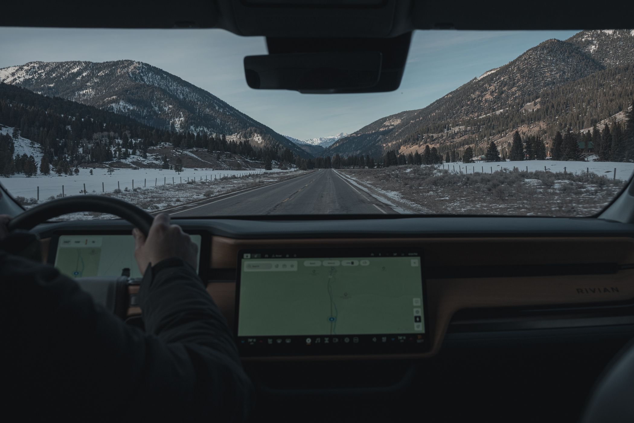 Looking through the windshield of a car