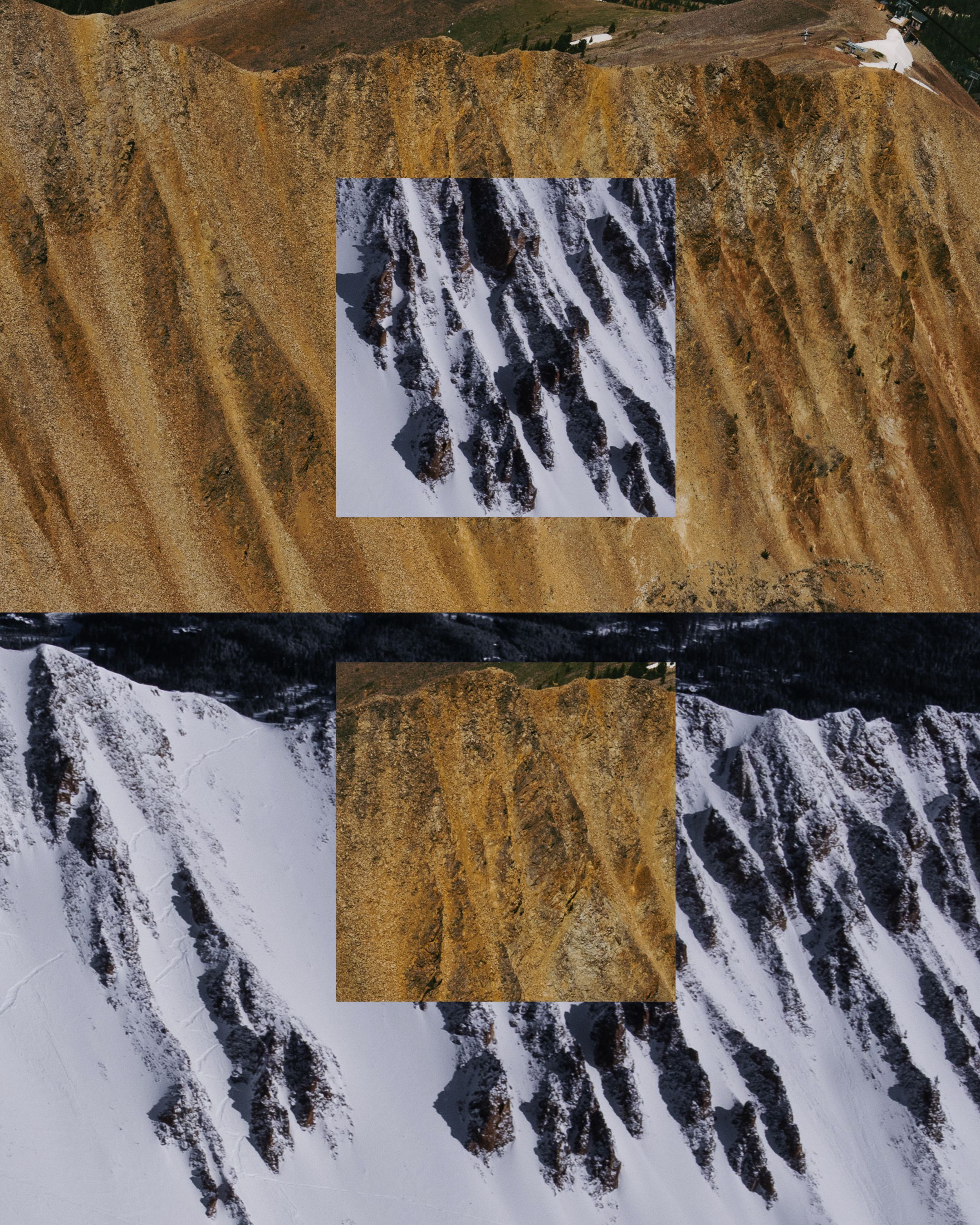 Winter and summer view of a mountain ridge