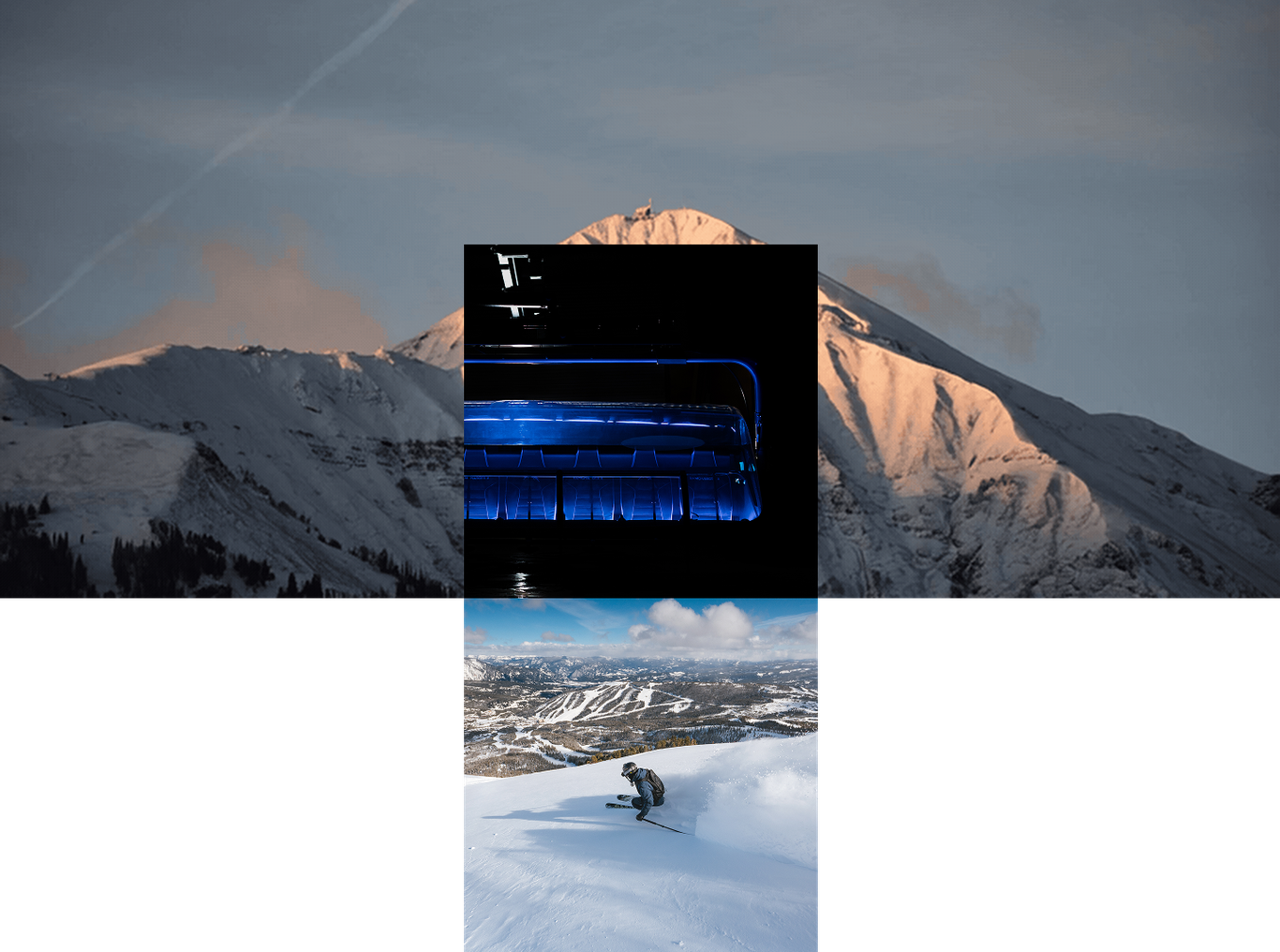 Collage of images of Lone Mountain, a chairlift, and a skier