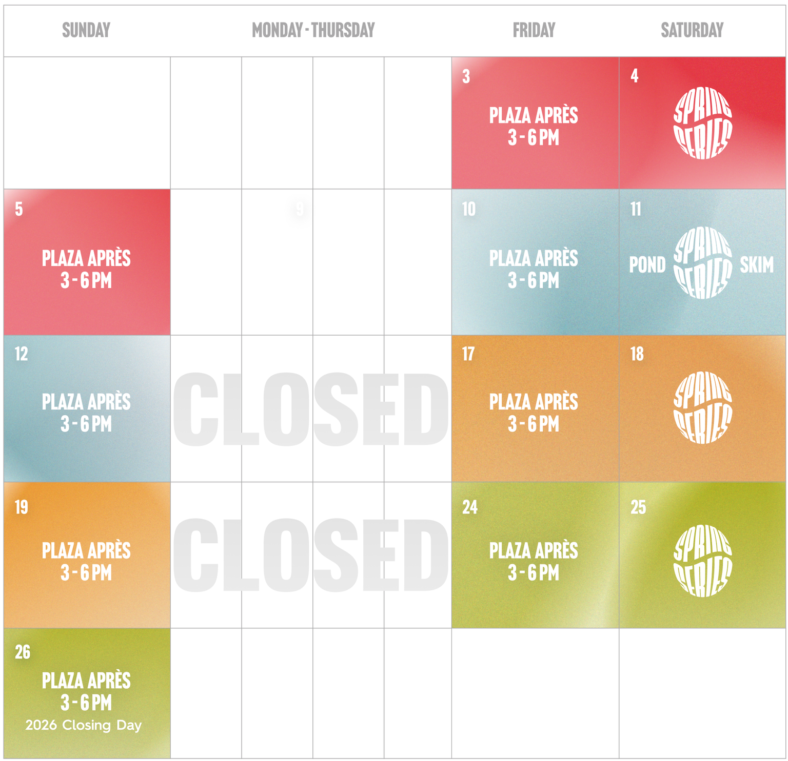 Calendar showing spring operation dates