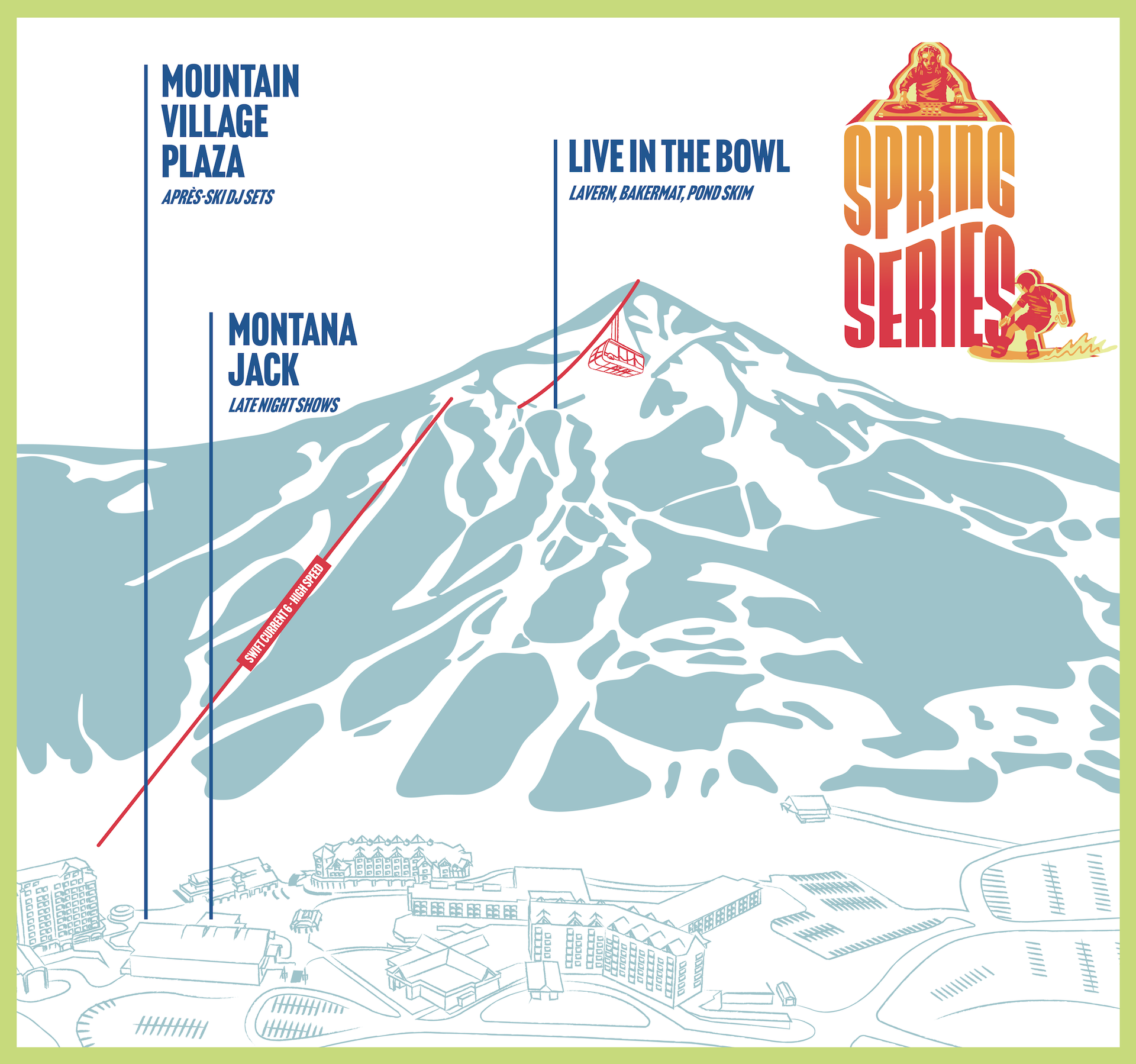 Map showing Spring Series locations across Big Sky Resort