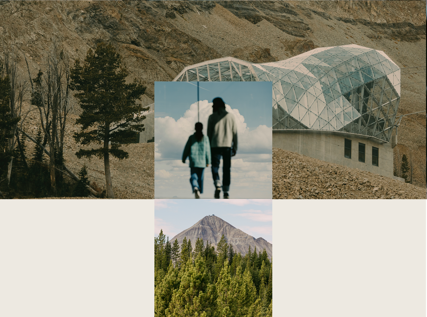 Collage of images of Lone Mountain, the Lone Peak Tram, and people at Kircliff