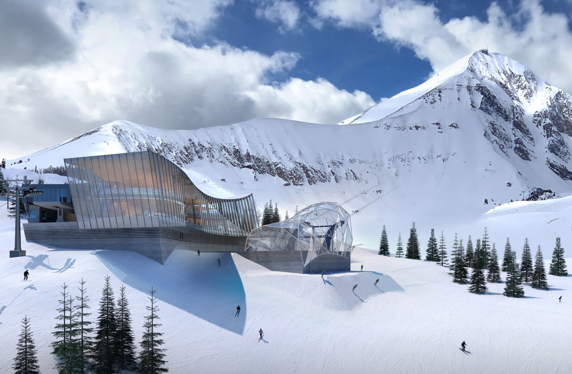 Rendering of a new on-mountain dining facility in front of Lone Peak