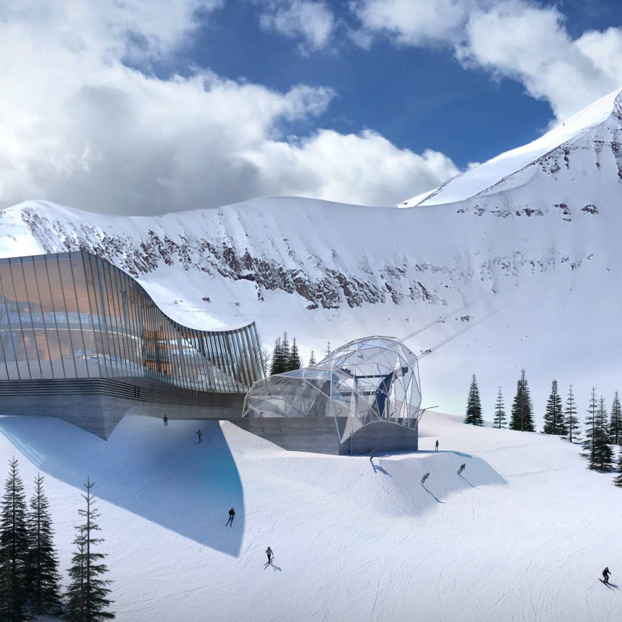 Rendering of a new on-mountain dining facility in front of Lone Peak