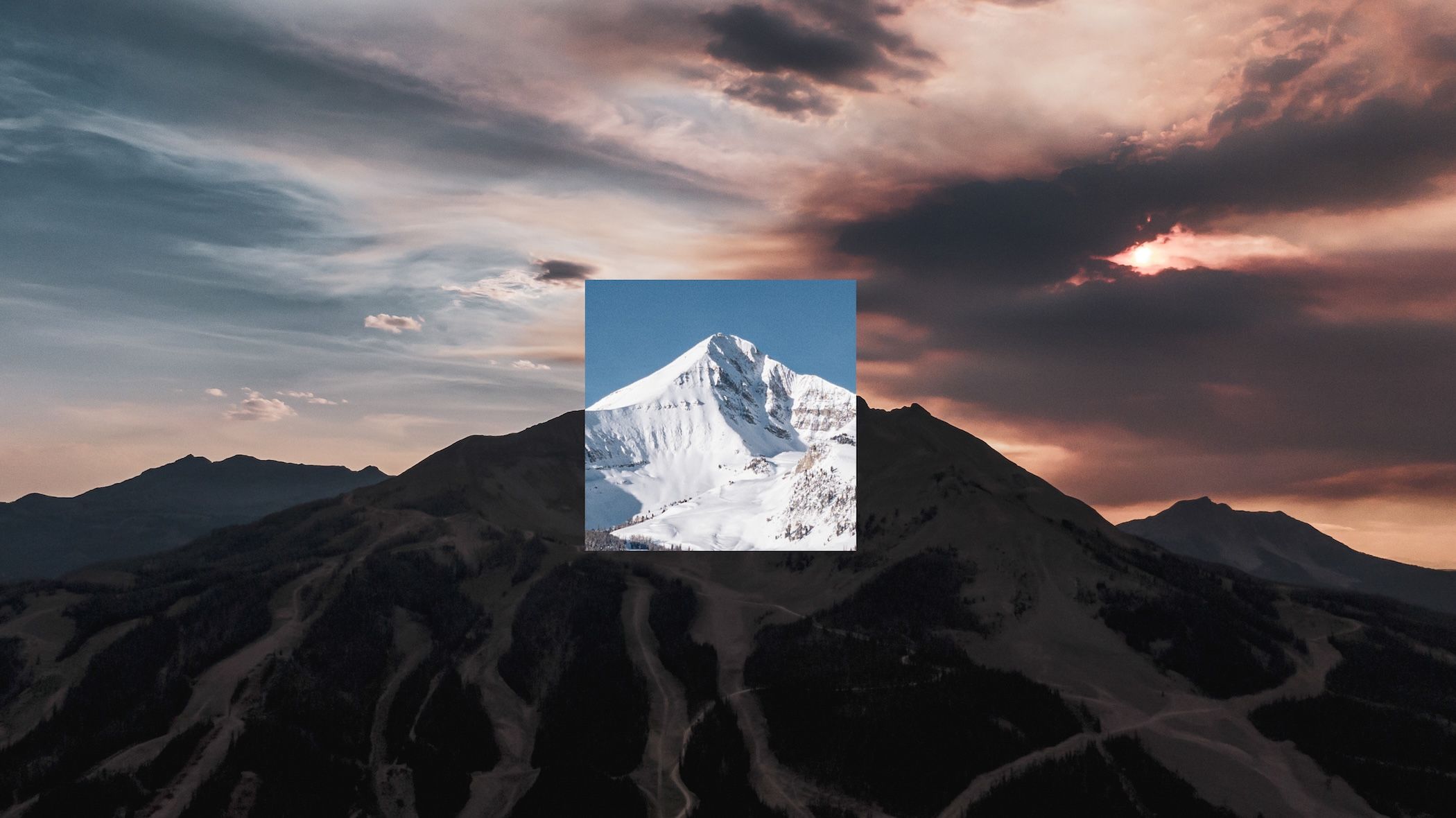 Big Sky Resort's Lone Peak in two seasons - covered in snow on the left, and summery on the right