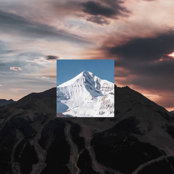 Big Sky Resort's Lone Peak in two seasons - covered in snow on the left, and summery on the right
