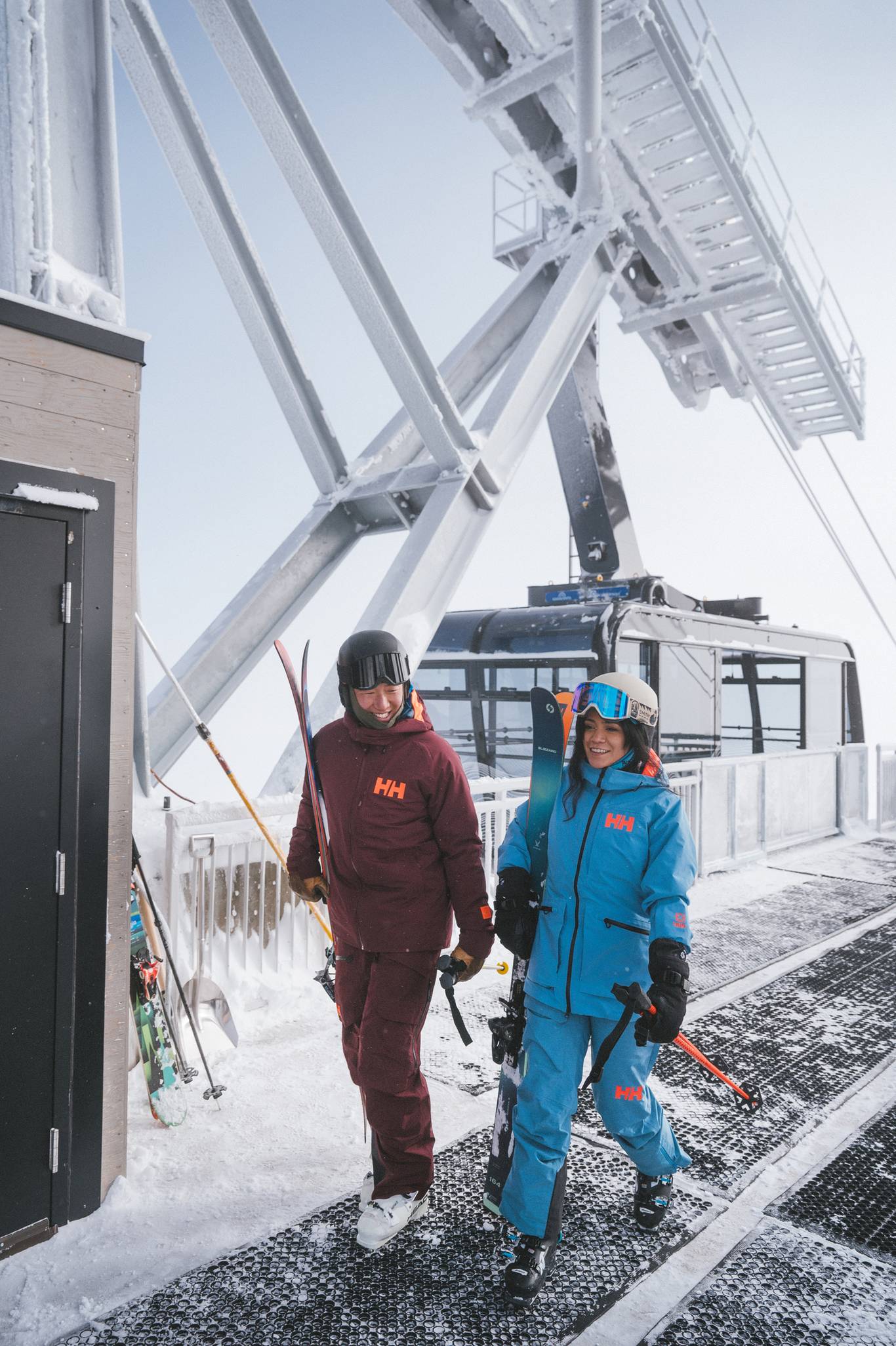 Skiers offloading the Lone Peak Tram