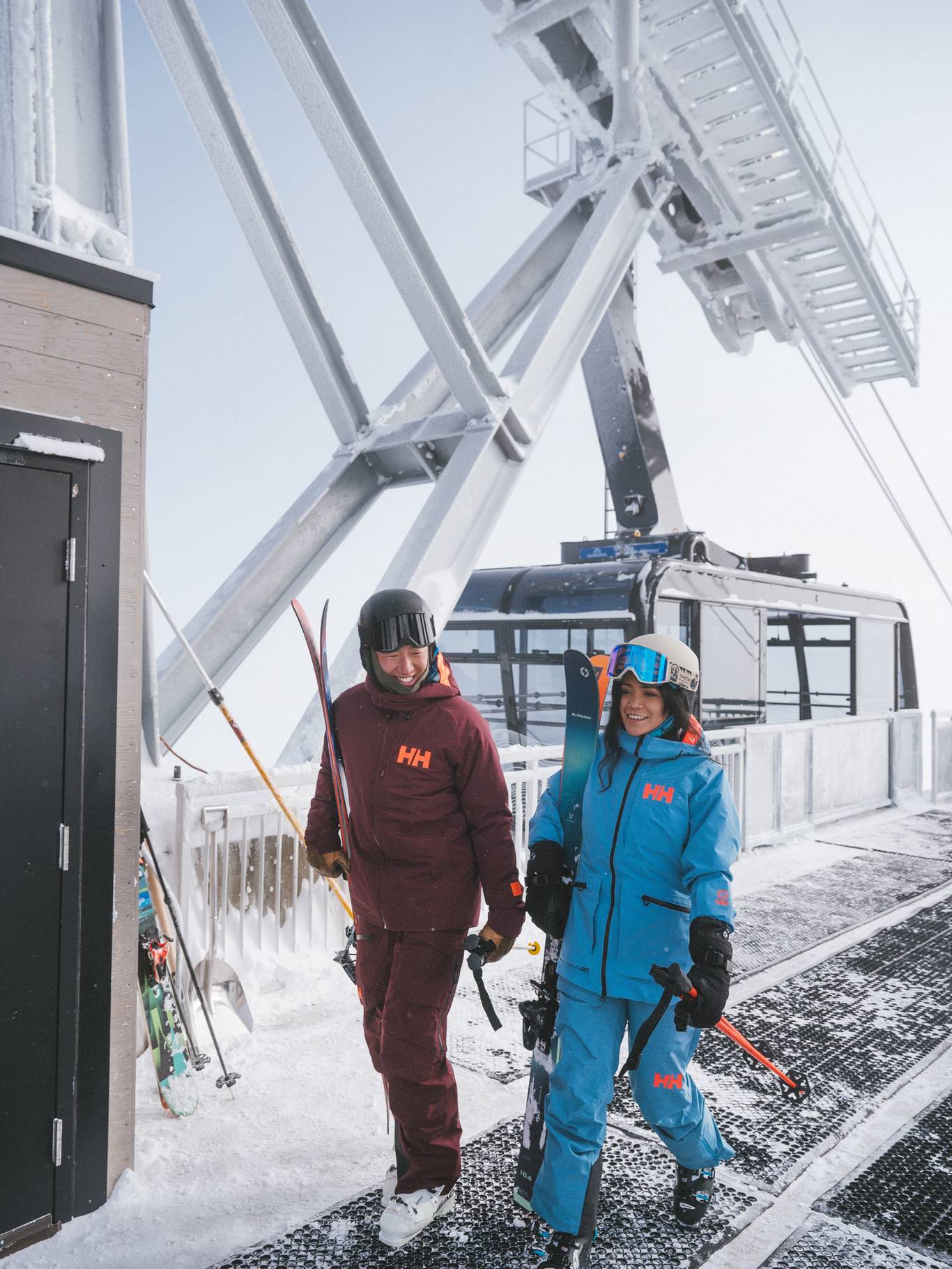 Skiers at the top of the Lone Peak Tram