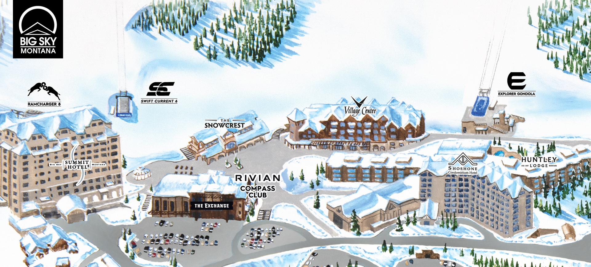 Map showing Rivian Compass Club location within the Big Sky Resort Mountain Village