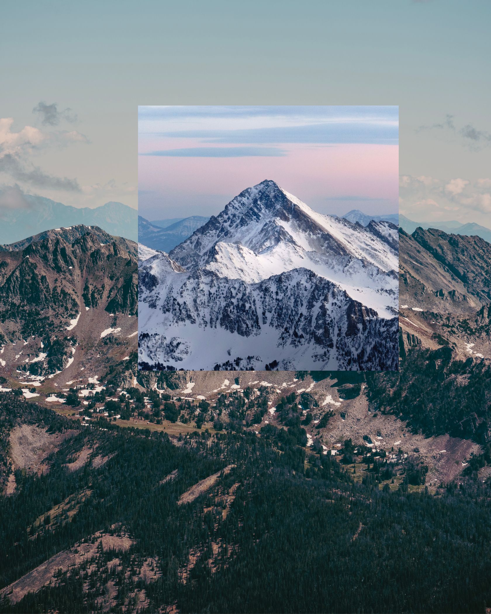Summer and winter view of the Spanish Peaks mountain range in Big Sky