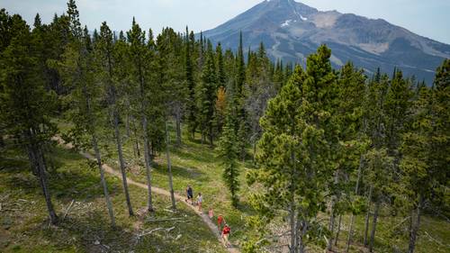 People hiking with Lone Mountain in the background