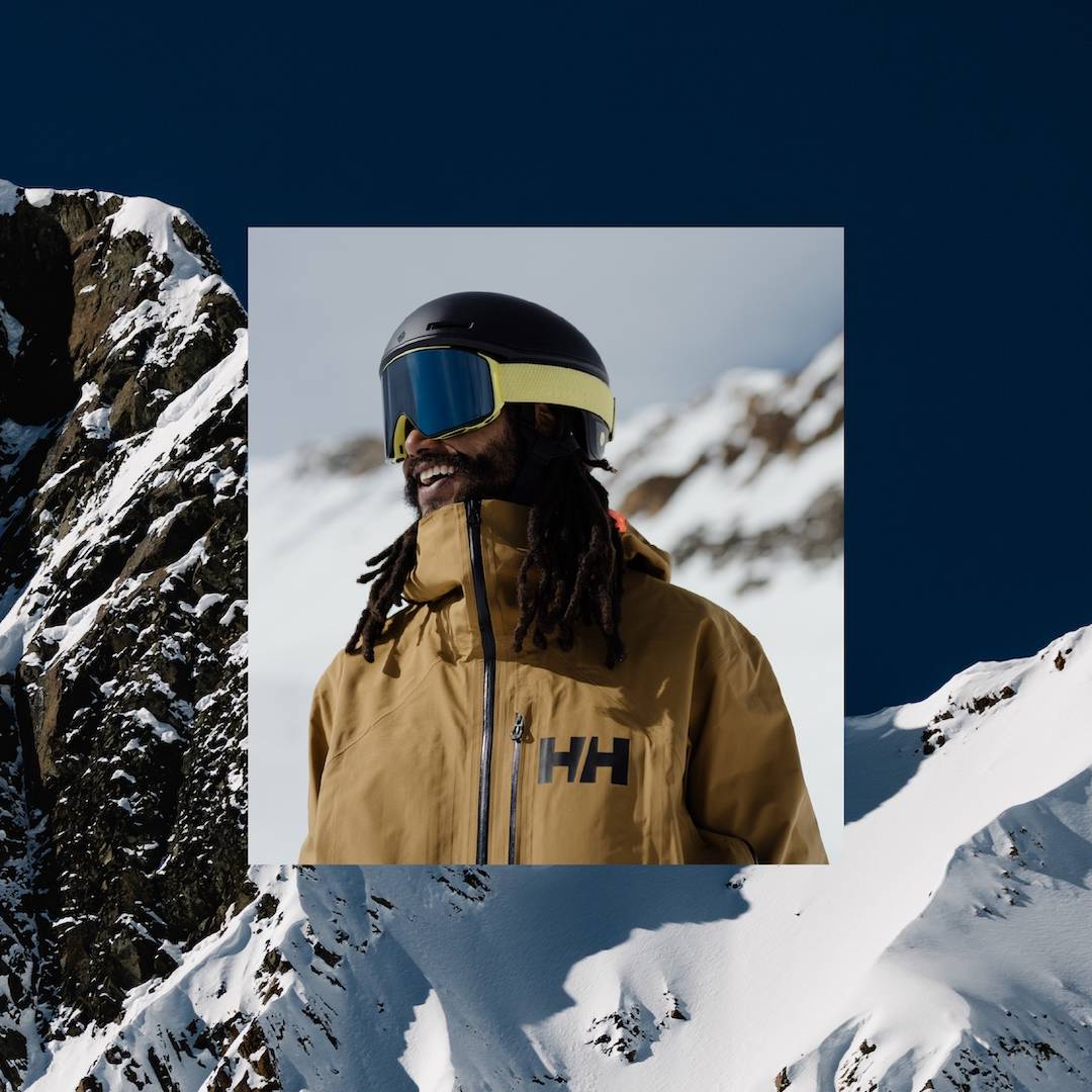 Image of a man smiling in ski gear overlayed over a snowy mountain landscape