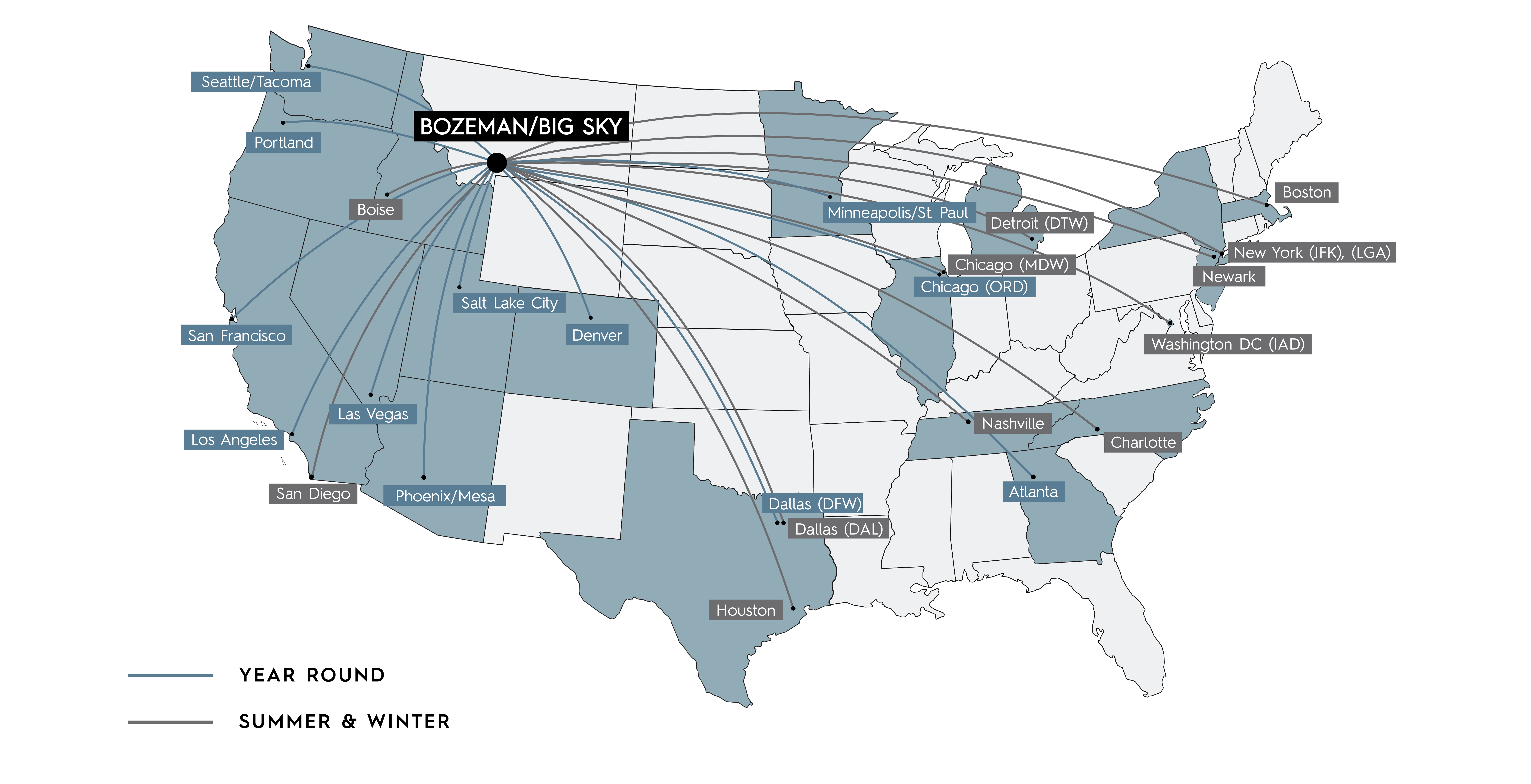 Map showing flight routes to Bozeman/Big Sky