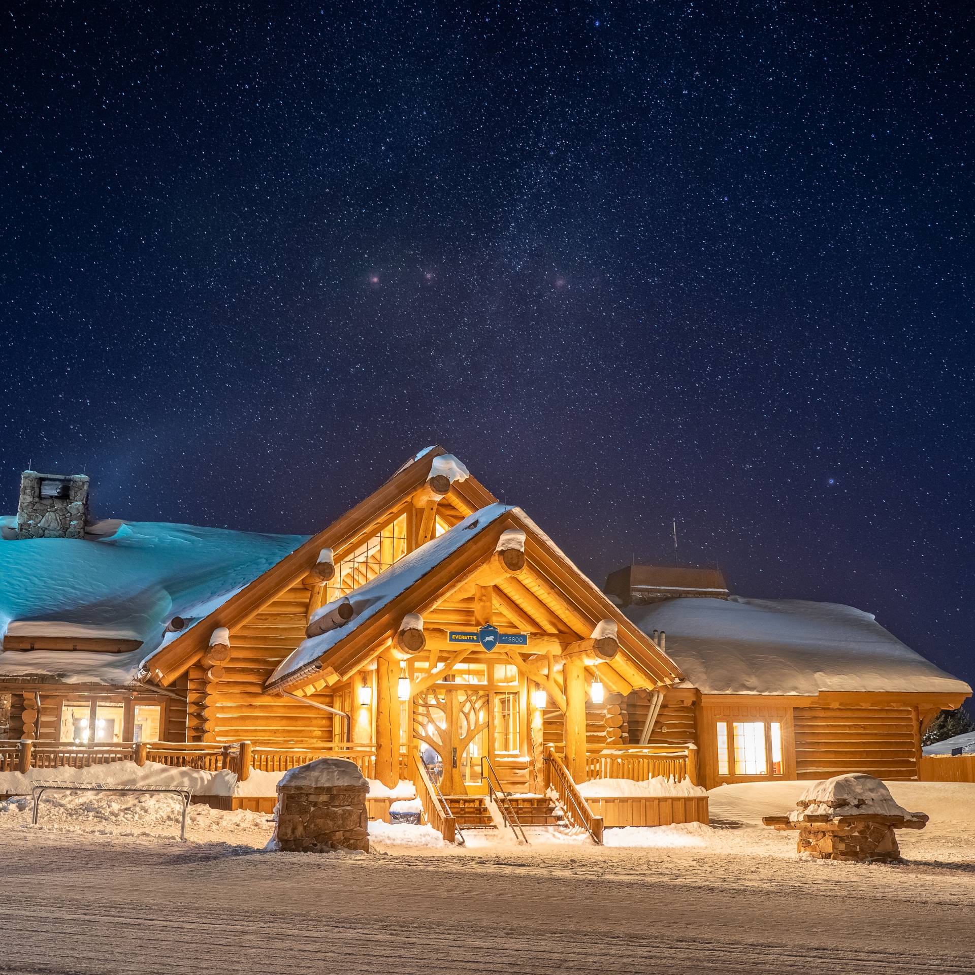 Everett's 8800 exterior at night in the winter