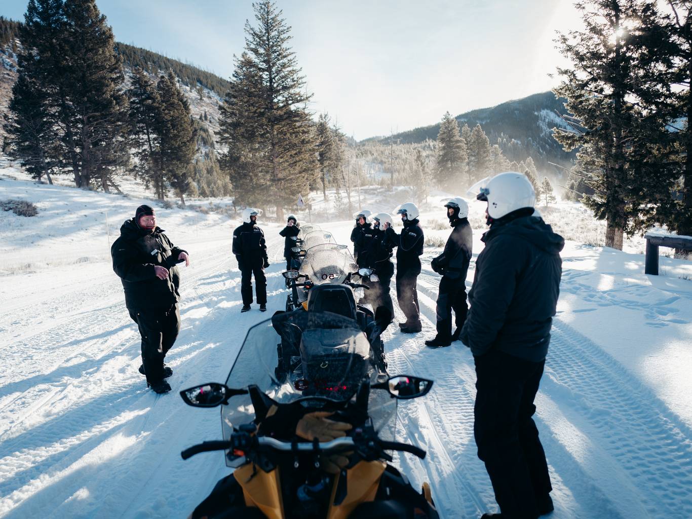 Group of snowmobilers in winter