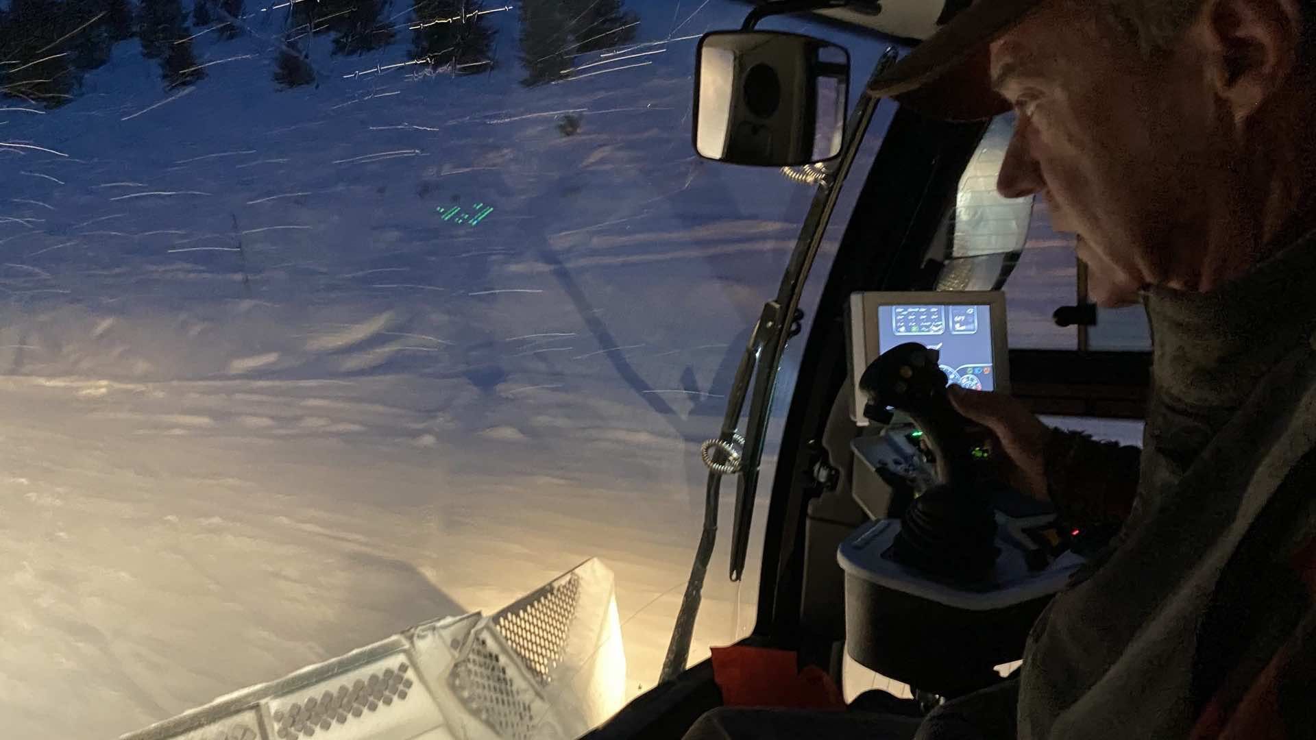 In the snowcat with Ed grooming a cat track in the dark