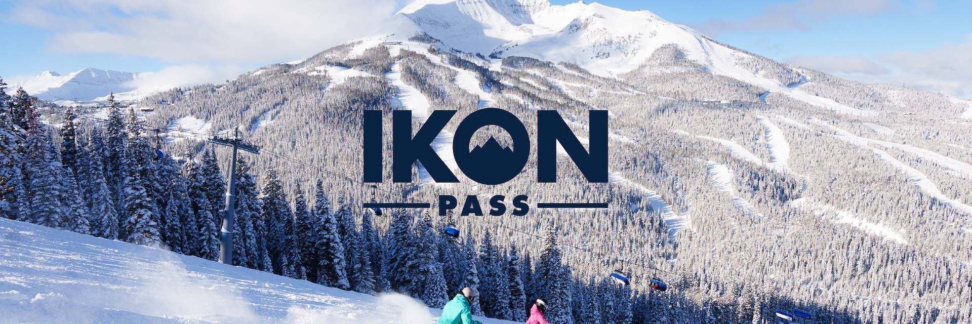 Ikon Pass logo over a photo of skiers and snowboarders at Big Sky Resort