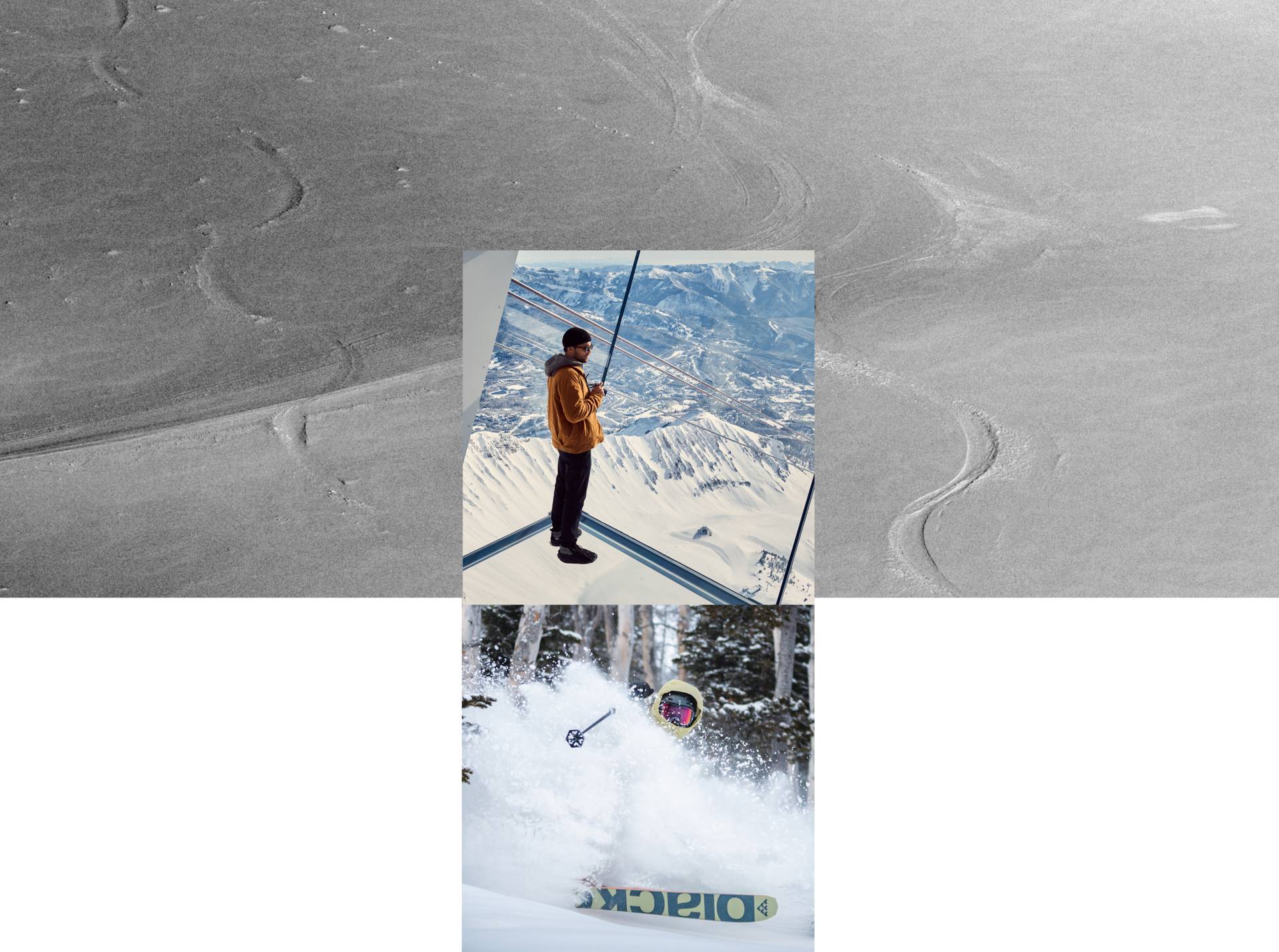 Collage of images of Lone Mountain, the Lone Peak Tram, and people at Kircliff