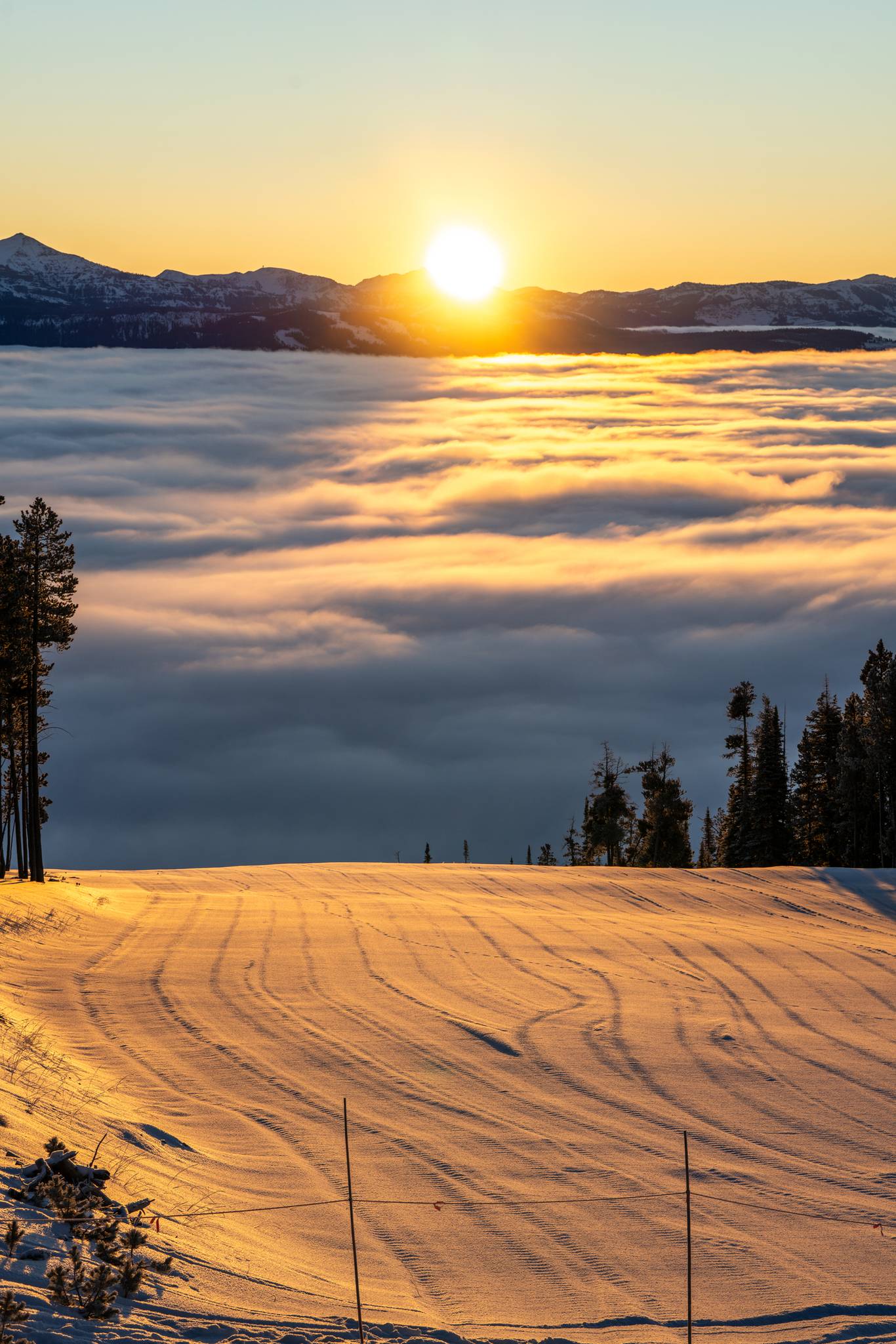 Sunrise on a freshly groomed ski run