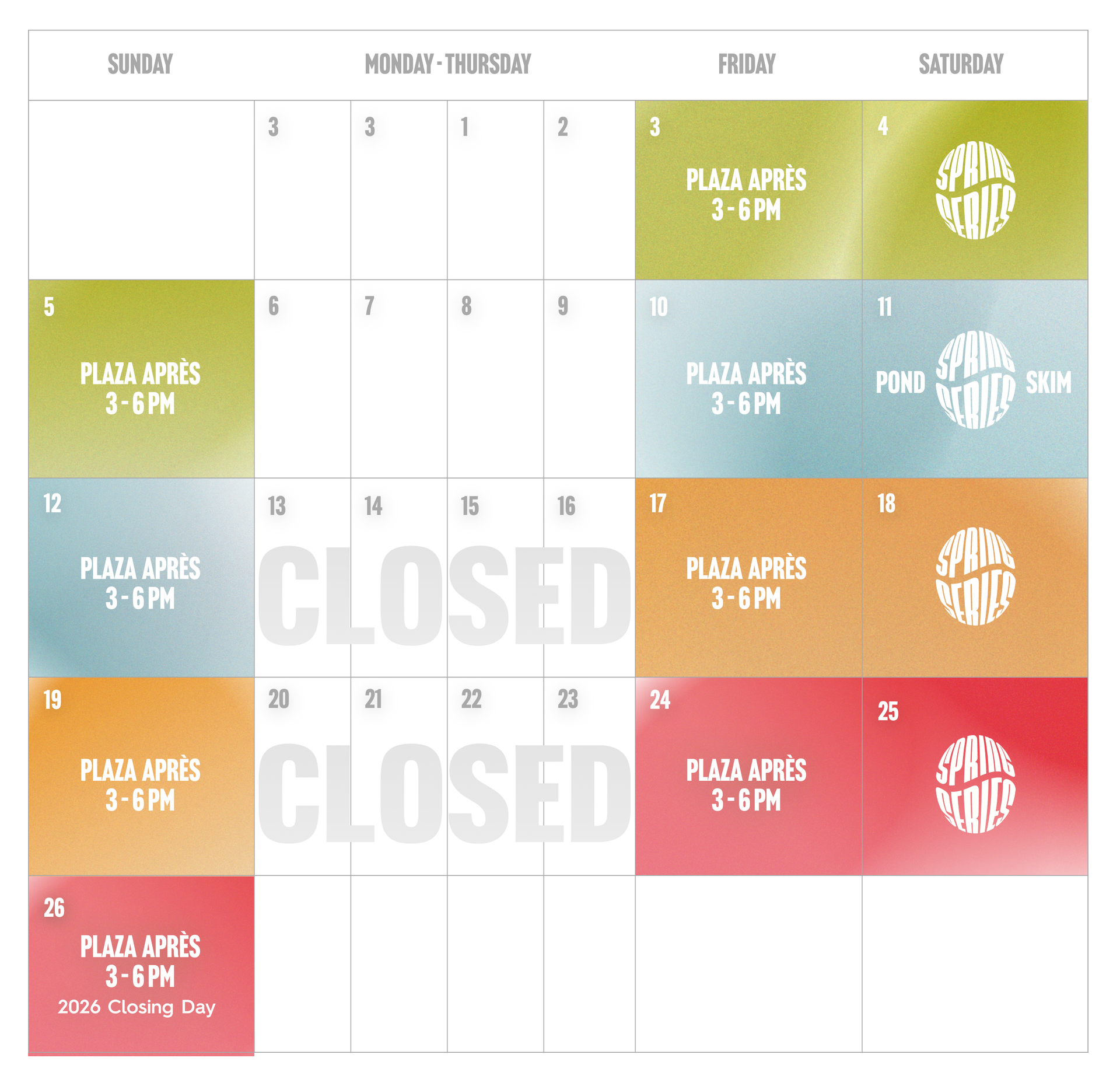 Calendar showing spring operation dates