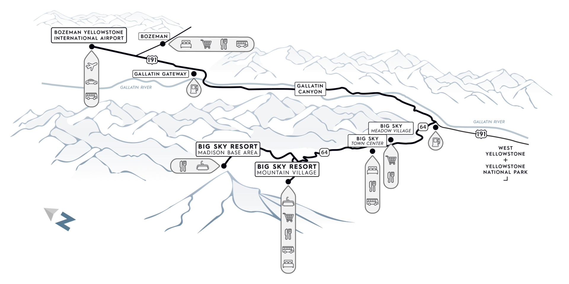 Map showing Big Sky Resort location in relation to the town of Big Sky and Bozeman