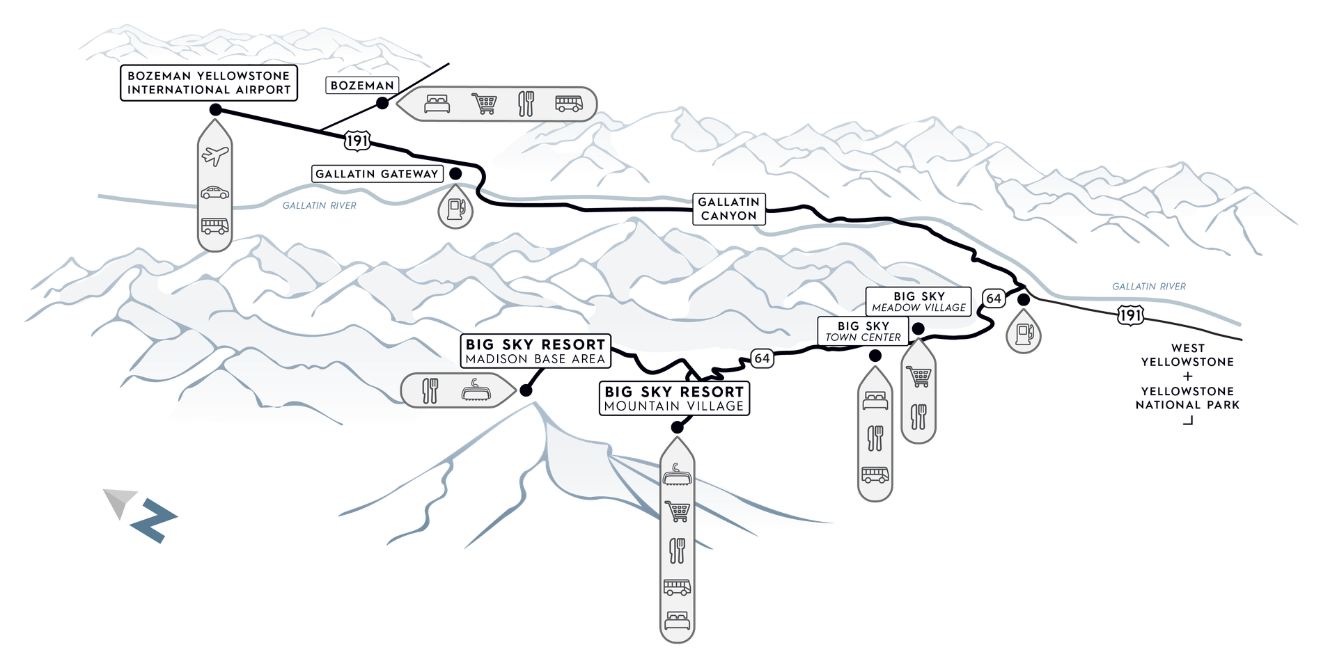 Map showing Big Sky Resort location in relation to the town of Big Sky and Bozeman