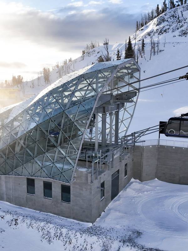 Lone Peak Tram cabin emerging from the lower terminal