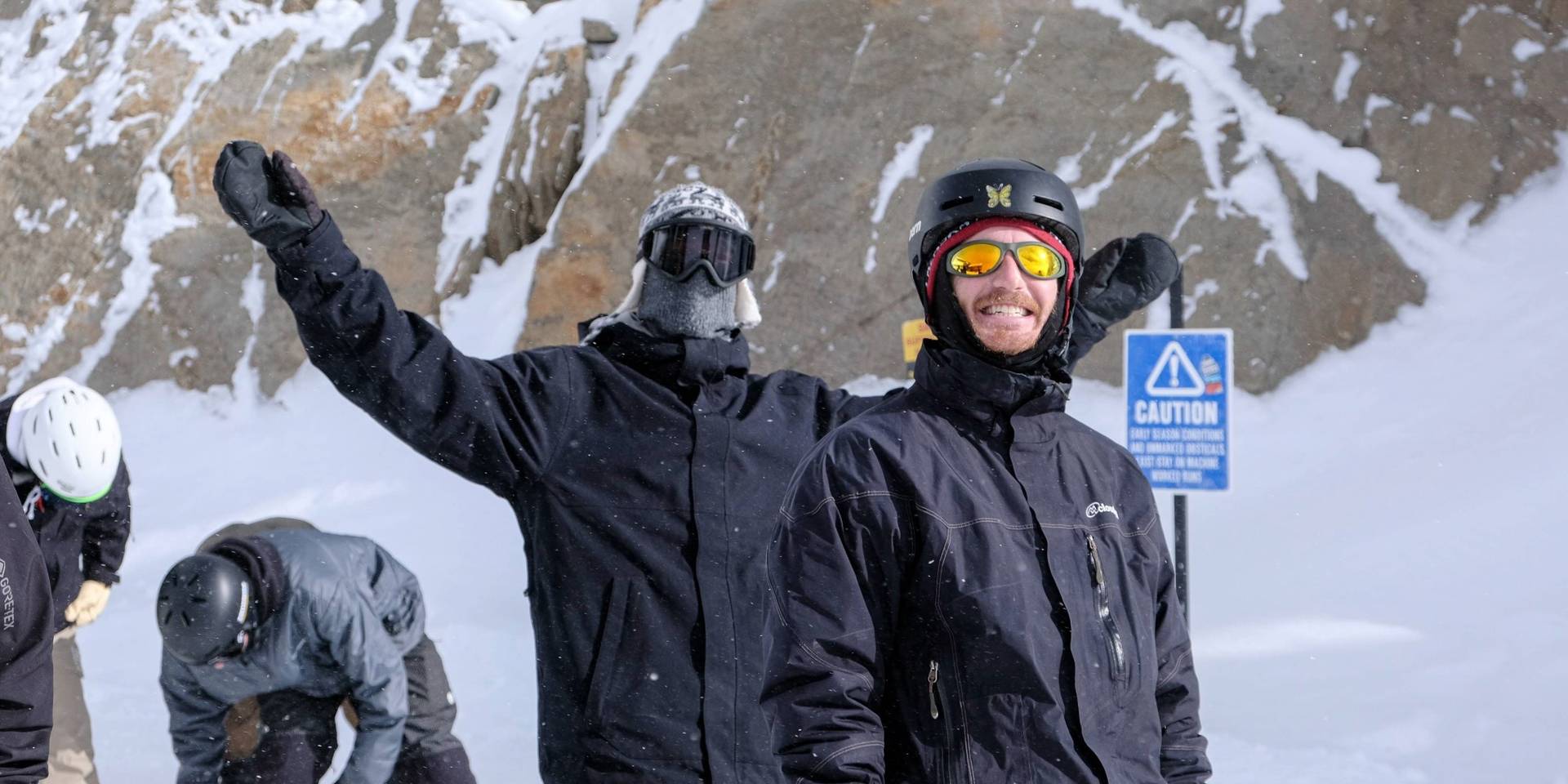 Friends at the top of Great Western in the winter time at Brighton Ski Resort