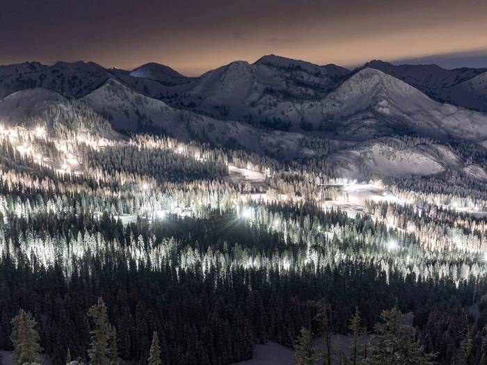 Aerial view of the night lights off of Great Western