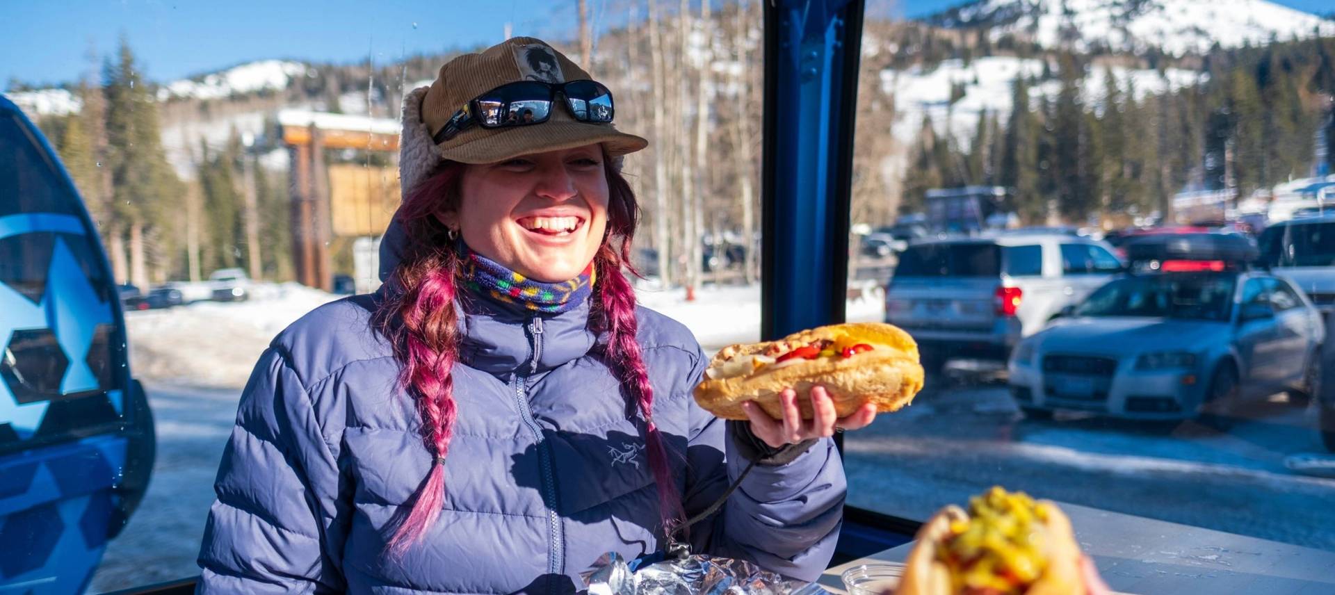 Eating hot dogs at Doyle's Dawgs