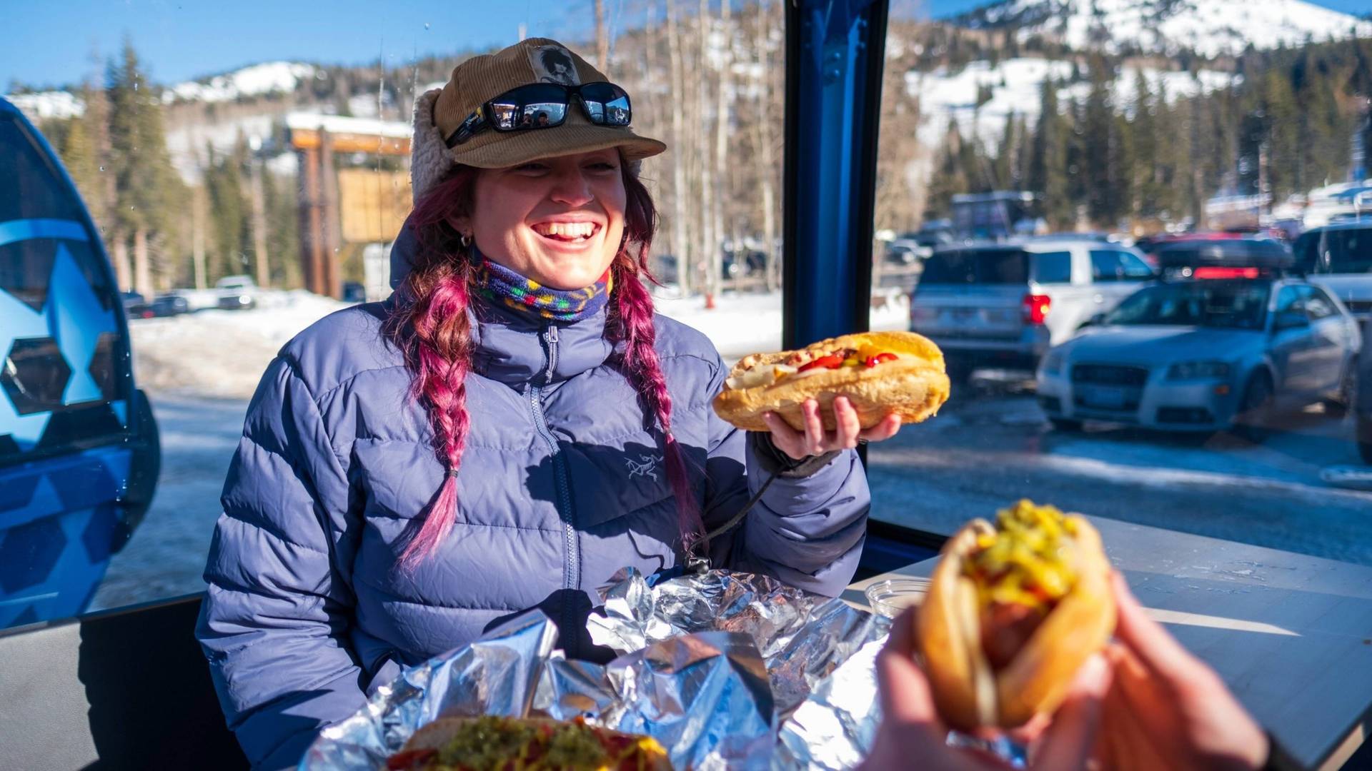 Eating a Doyle's Dawg in the gondola