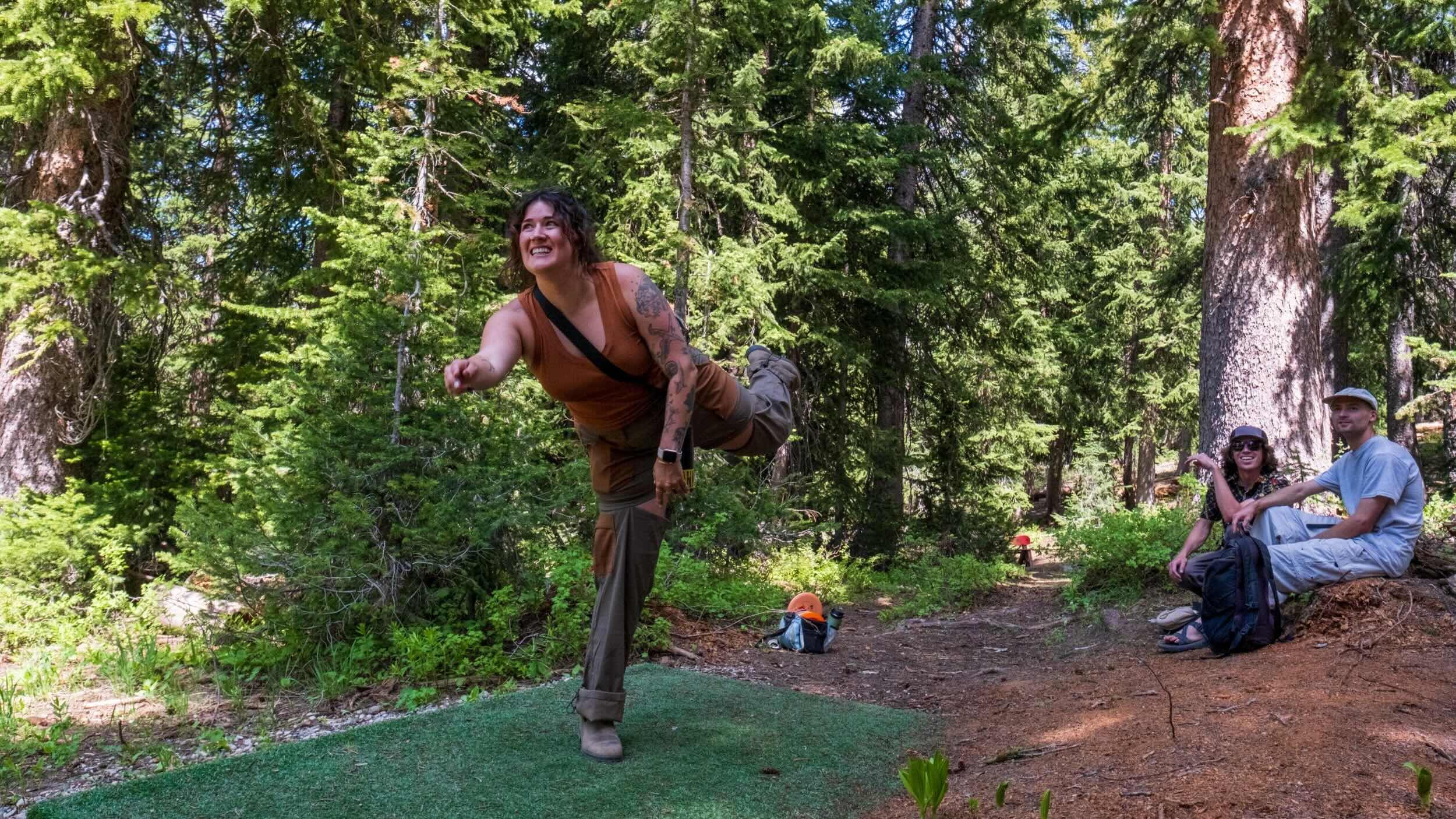 Playing disc golf at Brighton Resort in the summer