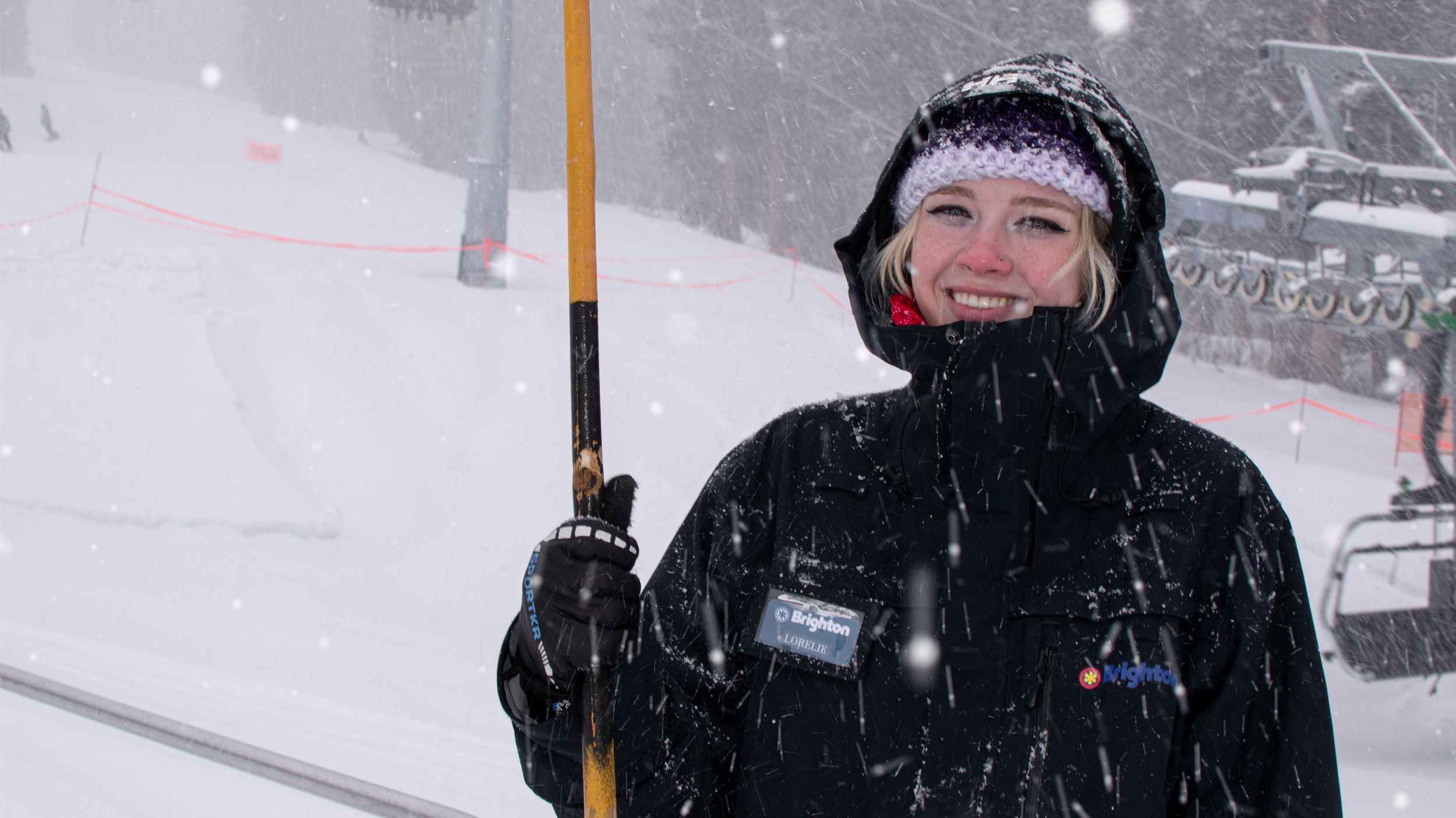 Brighton lift operator on a snowy day
