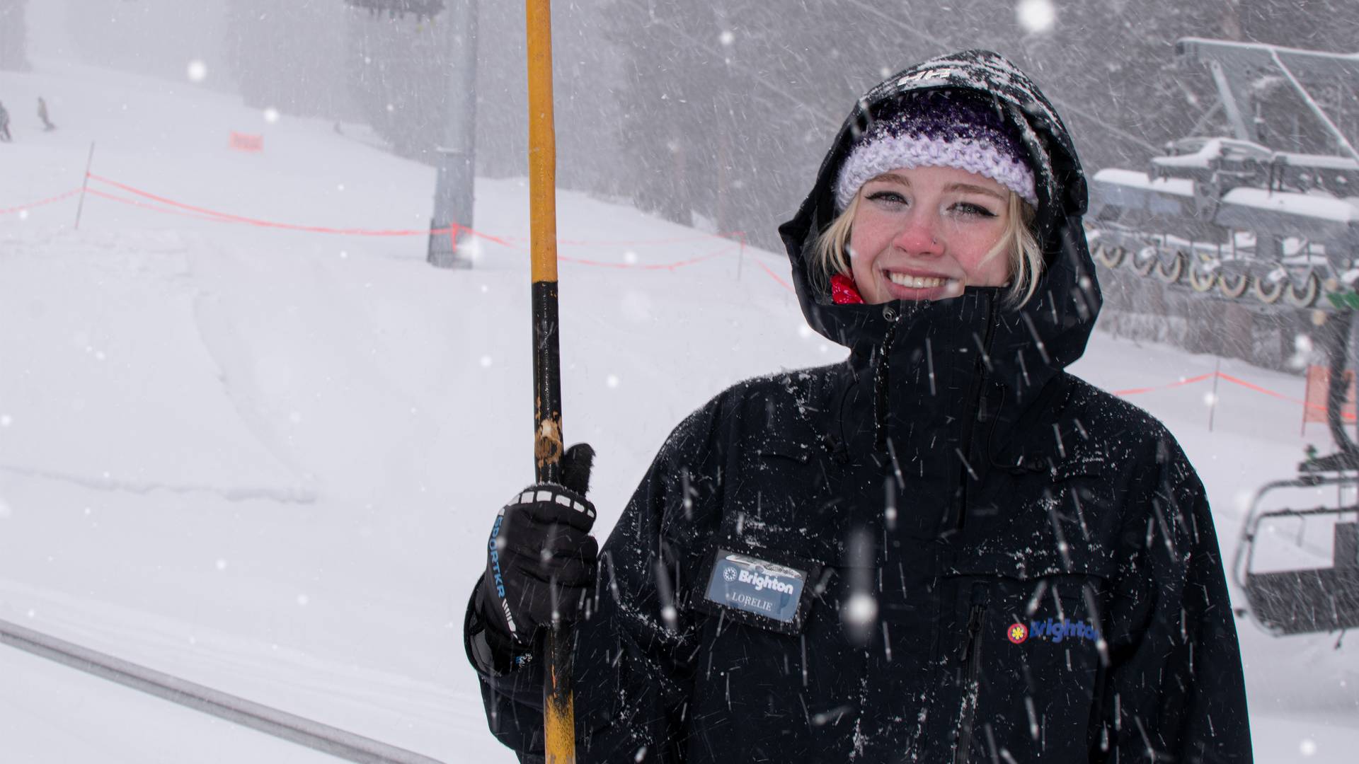 Brighton lift operator on a snowy day
