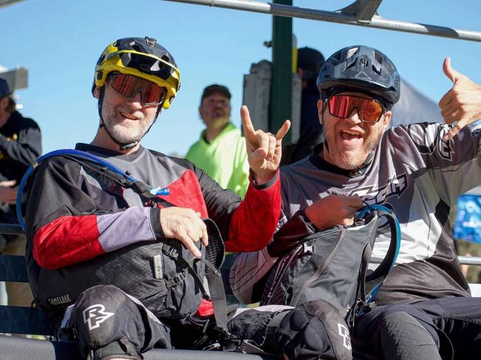Friends mountain biking together at Brighton in Utah