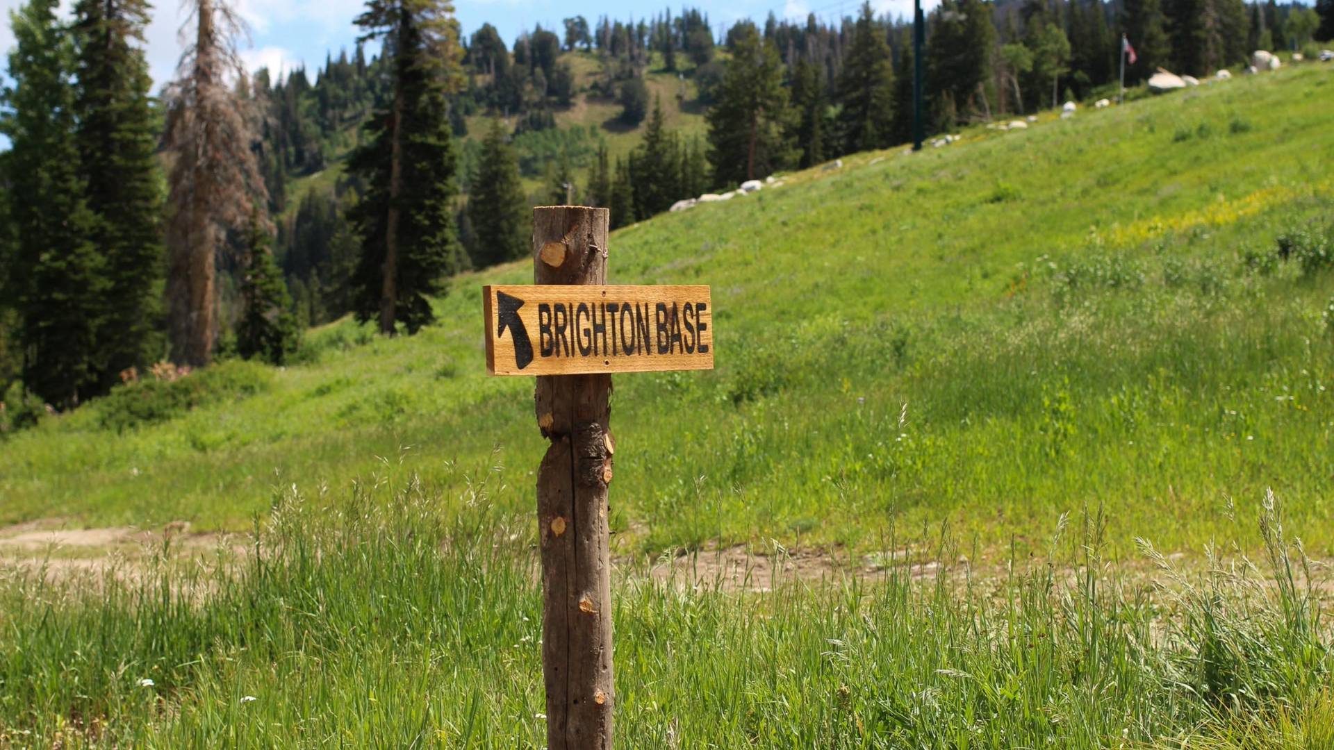 Brighton Base trail sign at Brighton Resort in the summer time in Utah
