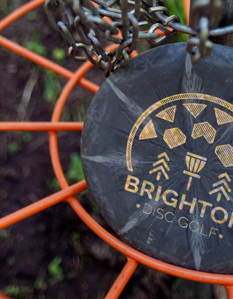 Disc golf basket at Brighton Resort in the summer