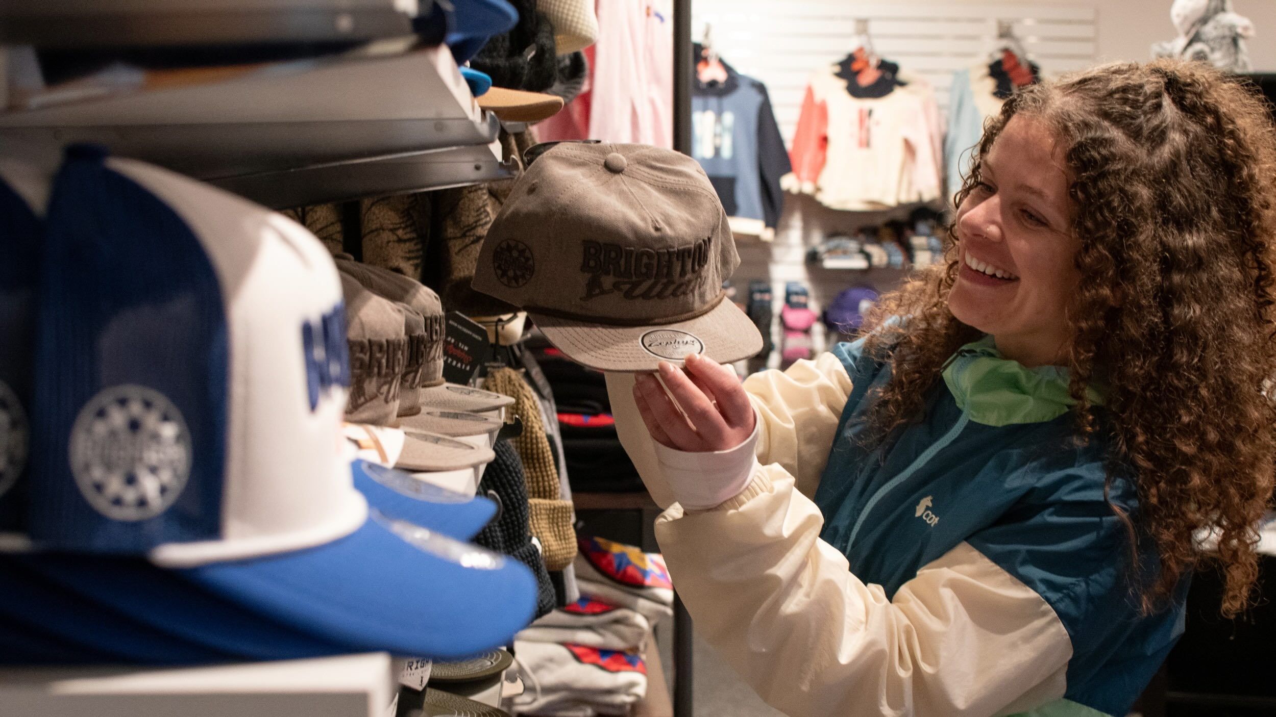 Hats for sale in the Brighton Mountain Sports store
