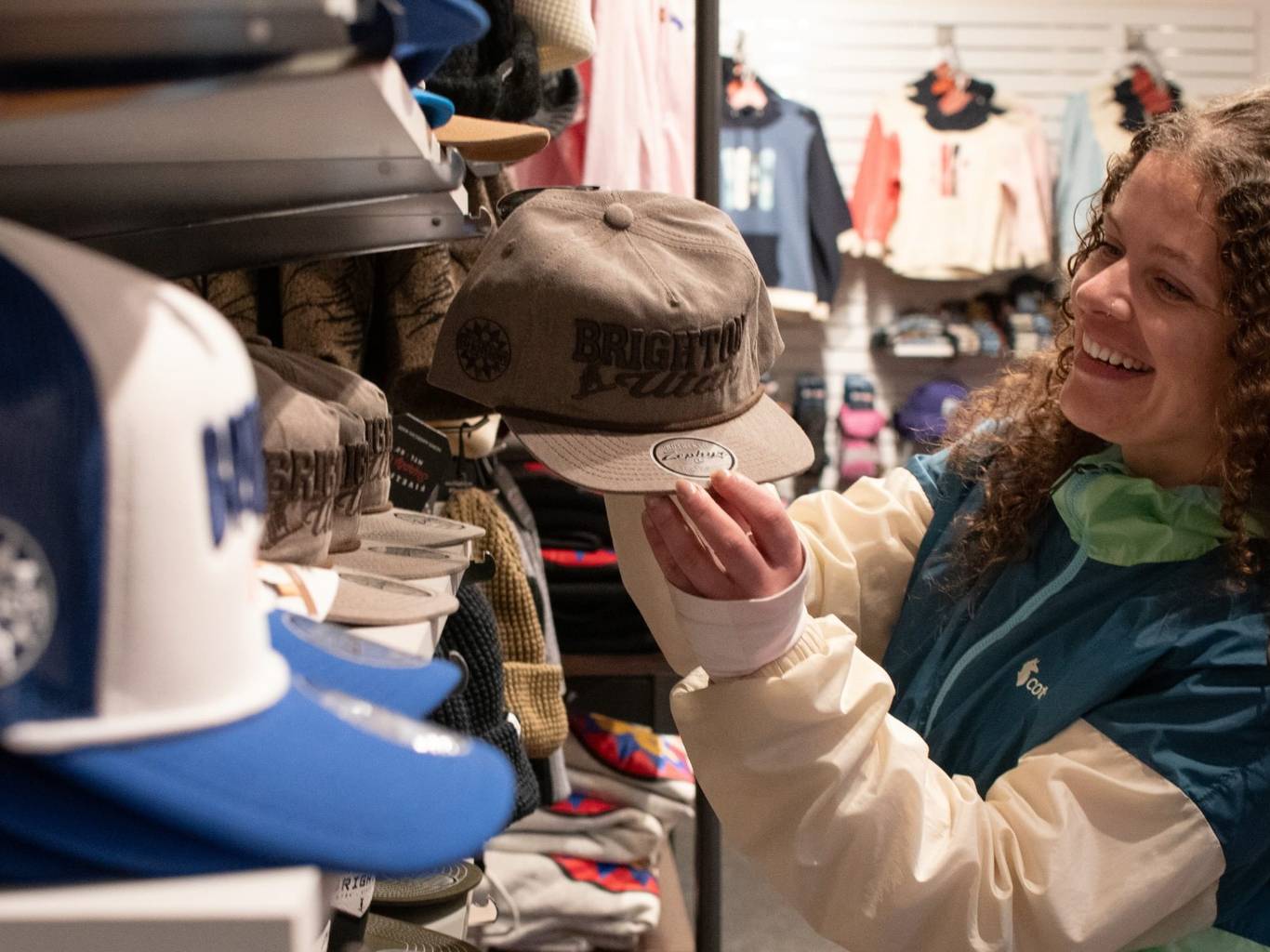 Hats for sale in the Brighton Mountain Sports store