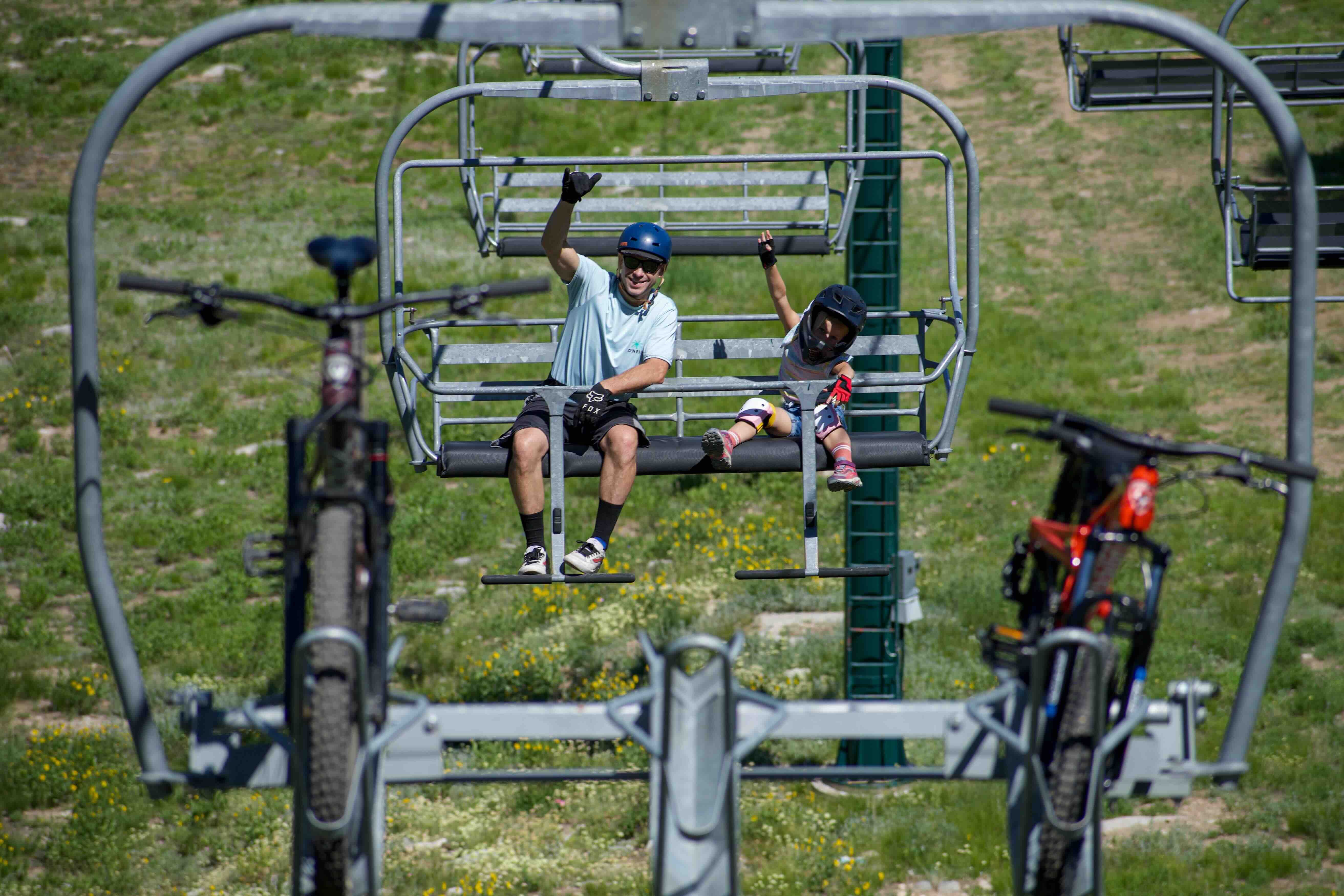 Group of friends on scenic lift ride at Brighton Resort in the summer