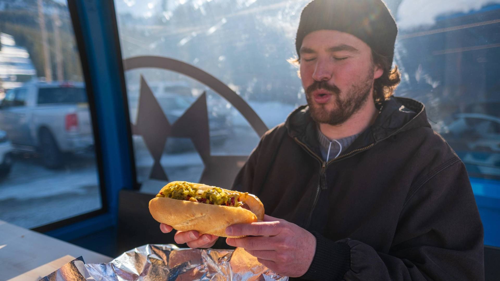 Eating hot dogs at Doyle's Dawgs