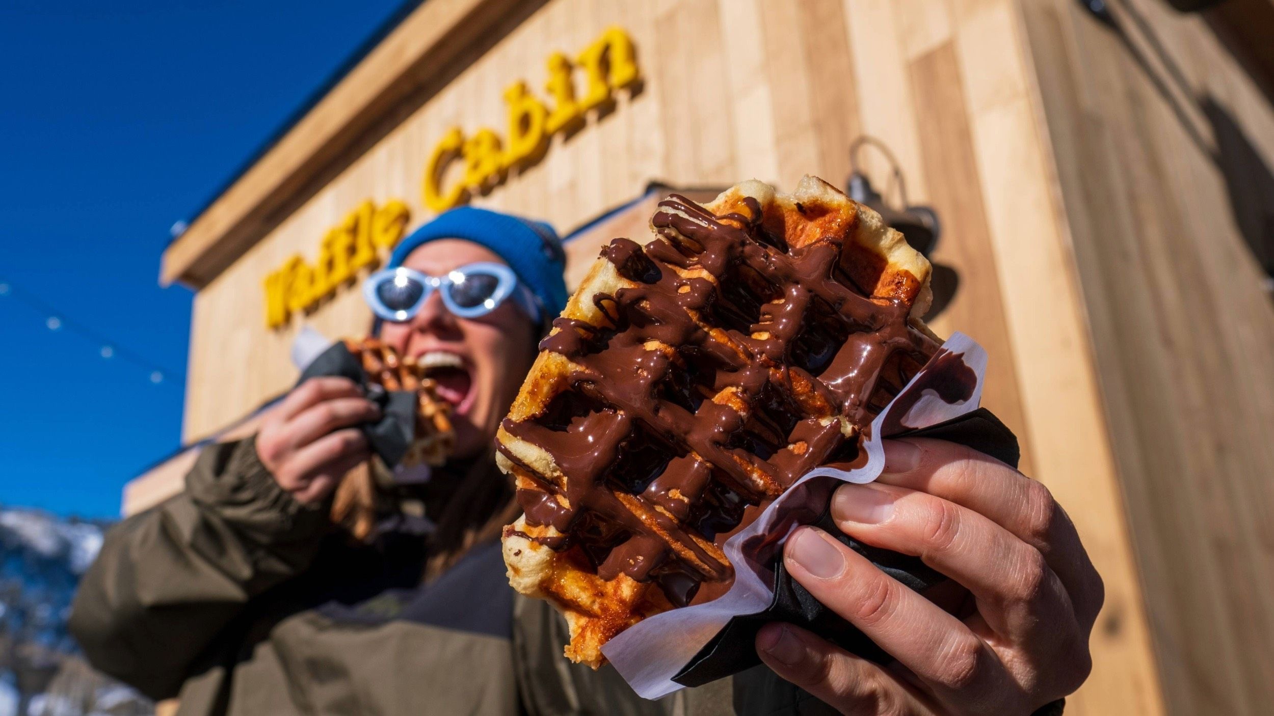 Chocolate covered waffle from the Waffle Cabin at Brighton Resort