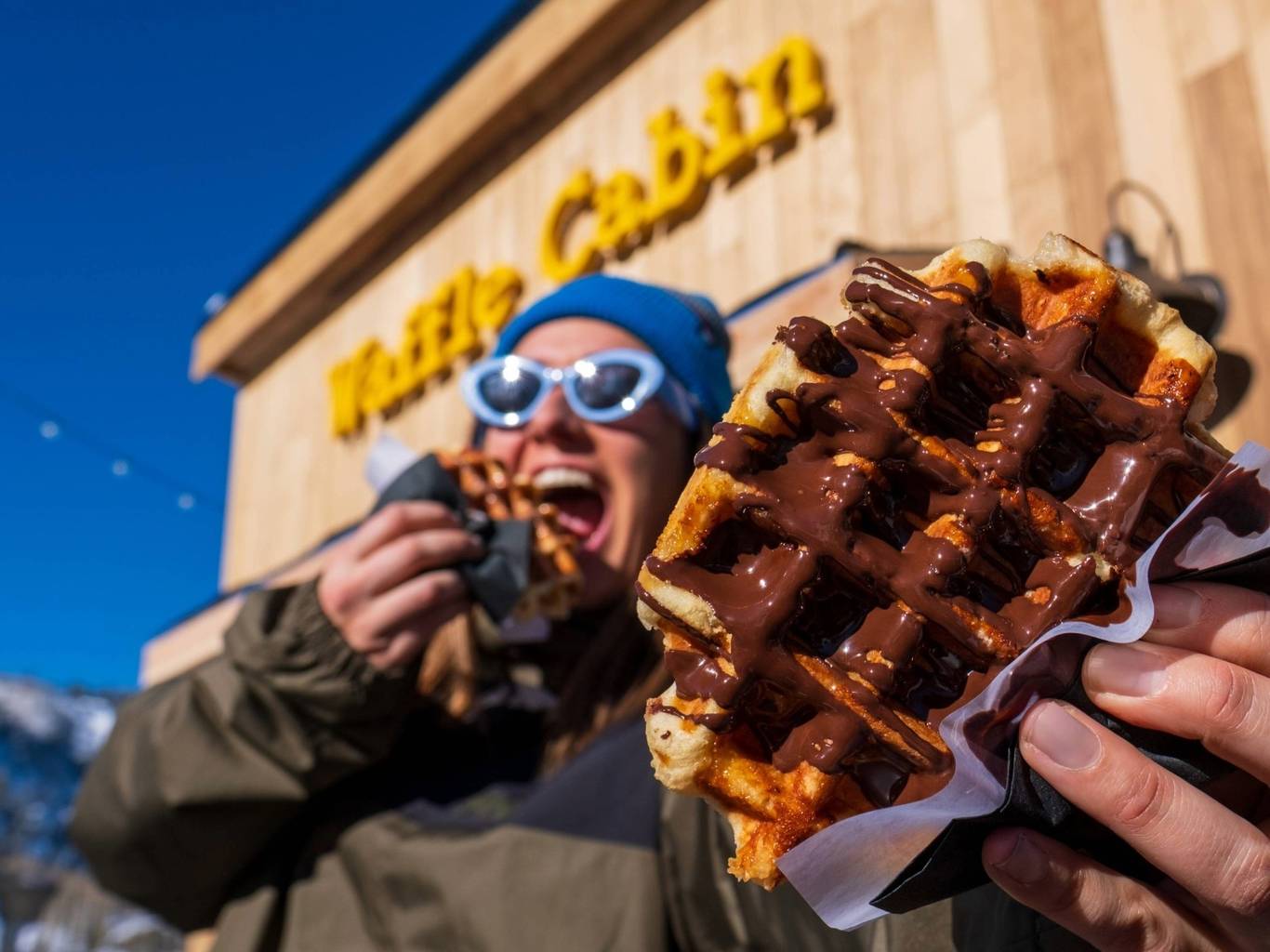 Chocolate covered waffle from the Waffle Cabin at Brighton Resort