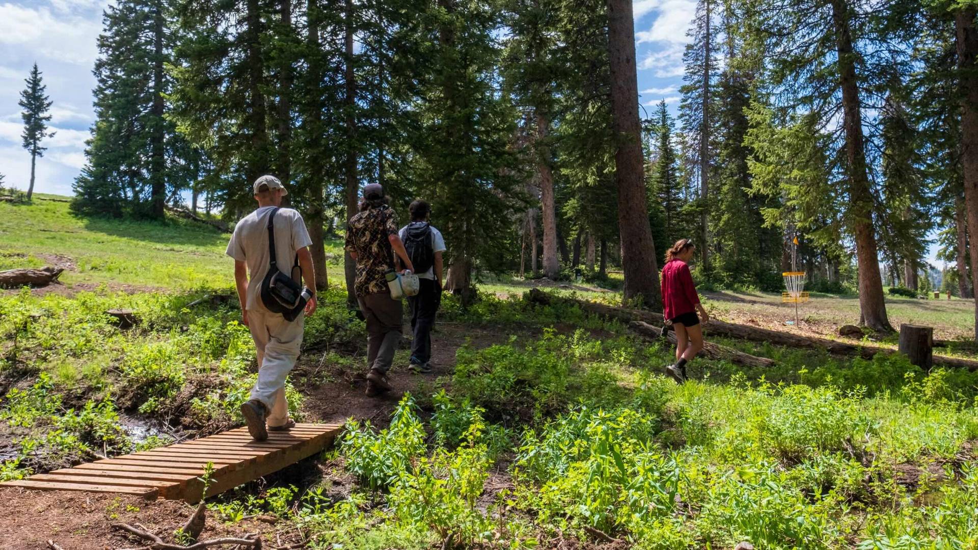 Group of friends disc golfing at Brighton Resort in the summer