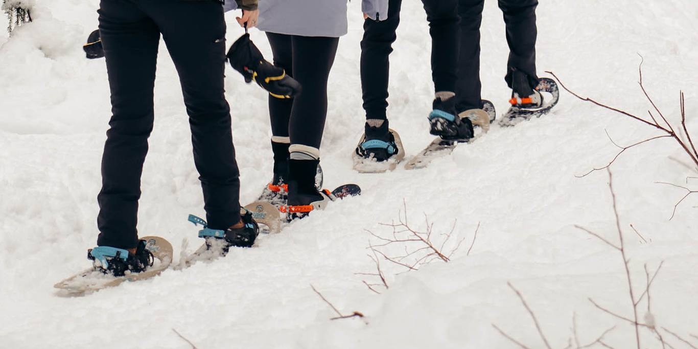 four friends snowshoe on trails through Hollyburn trail network.