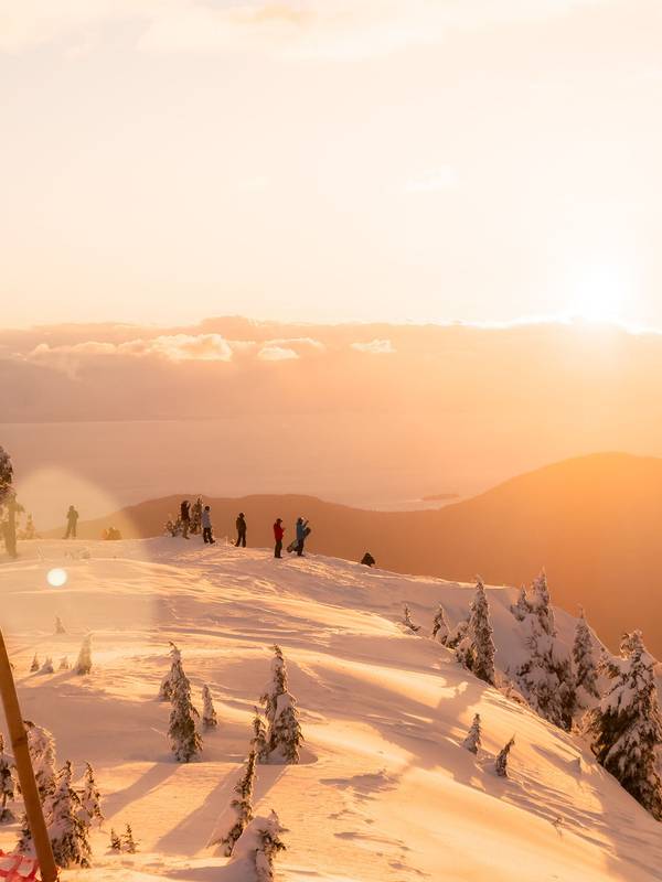 A group of people standing in the snow during a golden sunset.