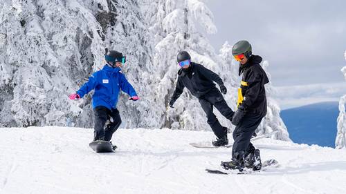 Instructor teaching a group of skiers