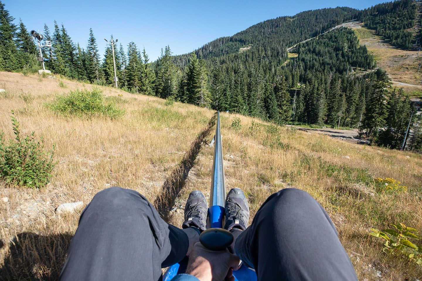 Point of view of rider on the Eagle Coaster