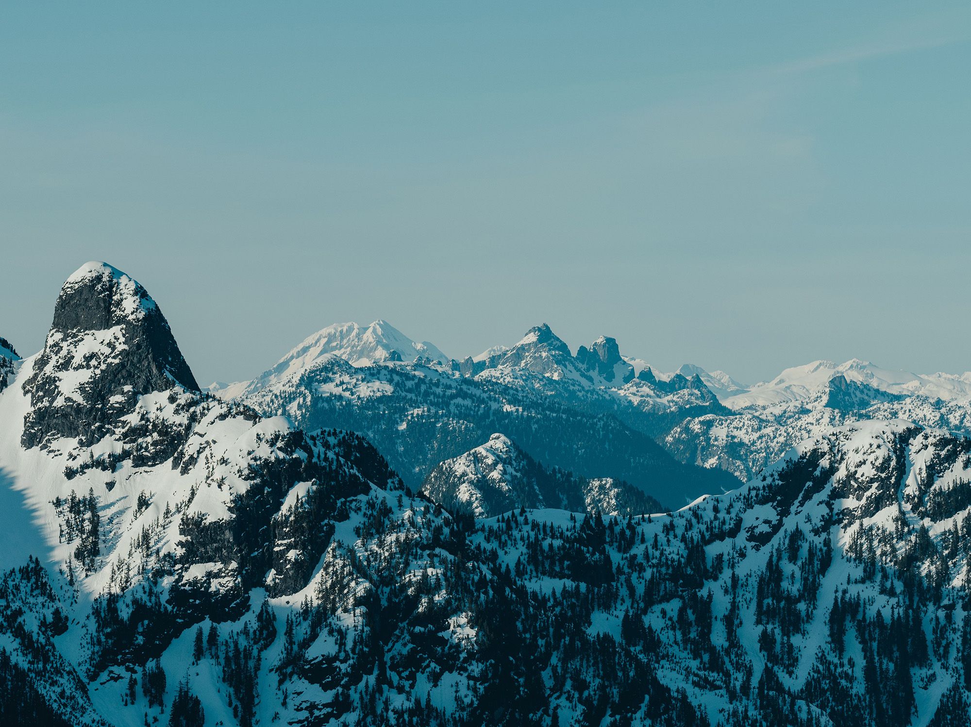Snow capped mountains span across the North Shore near Vancouver.