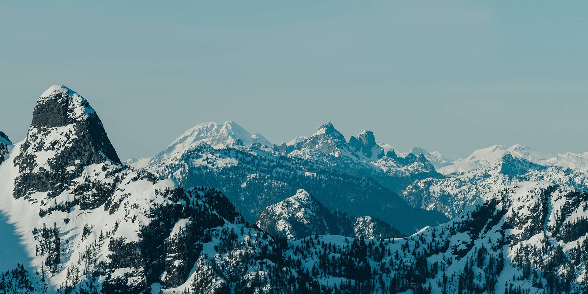 Snow capped mountains span across the North Shore near Vancouver.